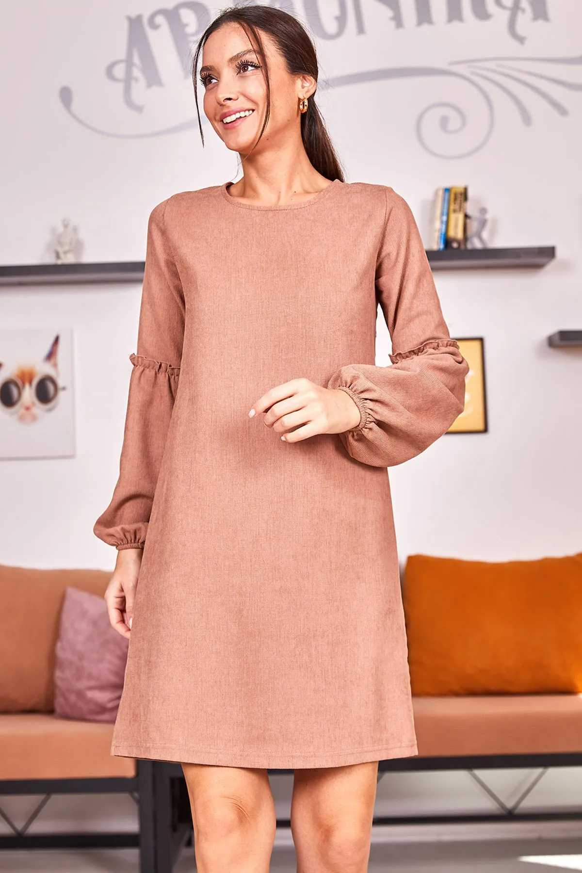 armonika  Damen-Ballon-Samtkleid mit Nerzärmeln ARM-20K001107