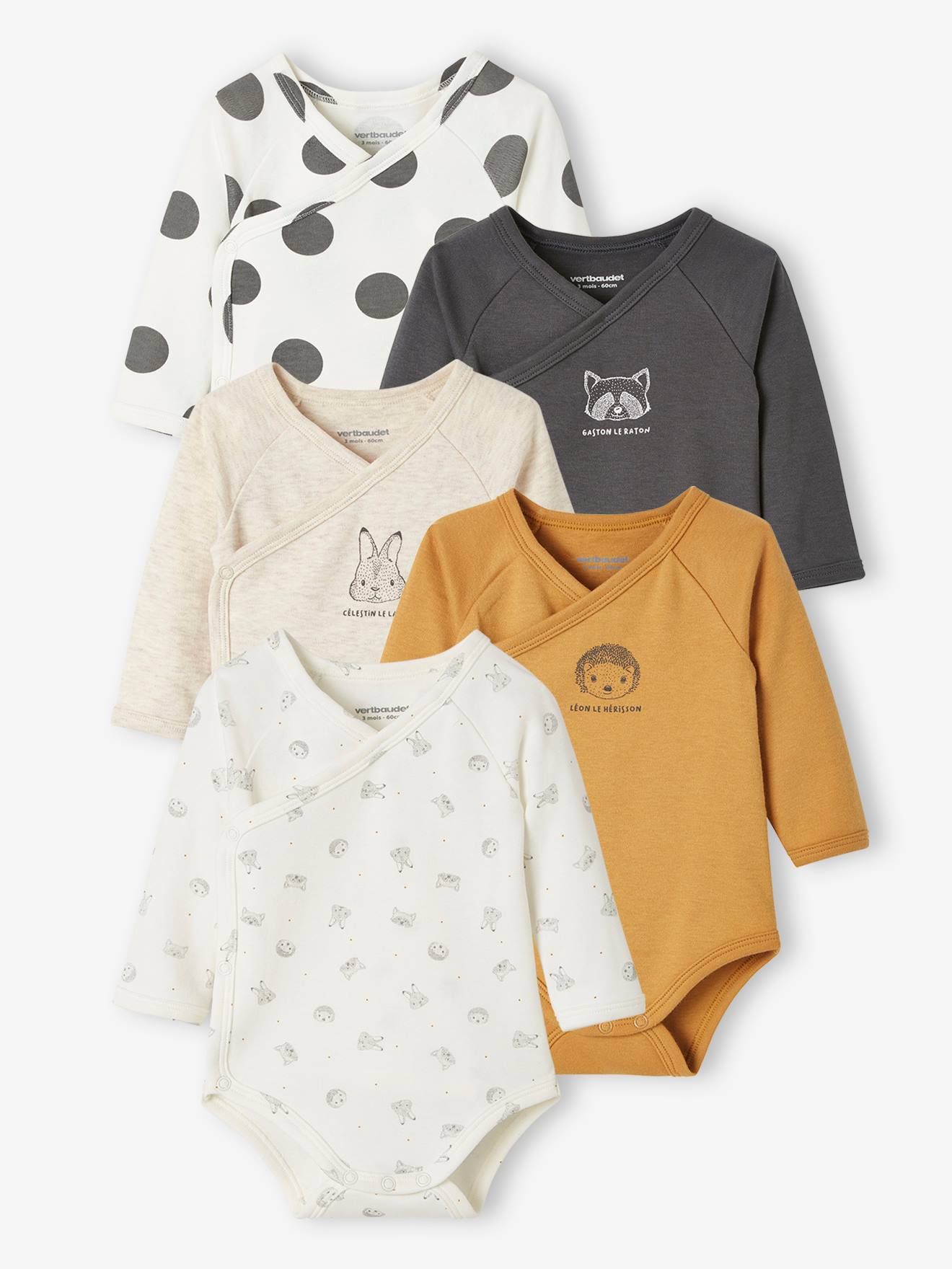 Lot de 5 bodies manches longues bébé ouverture naissance lot cannelle