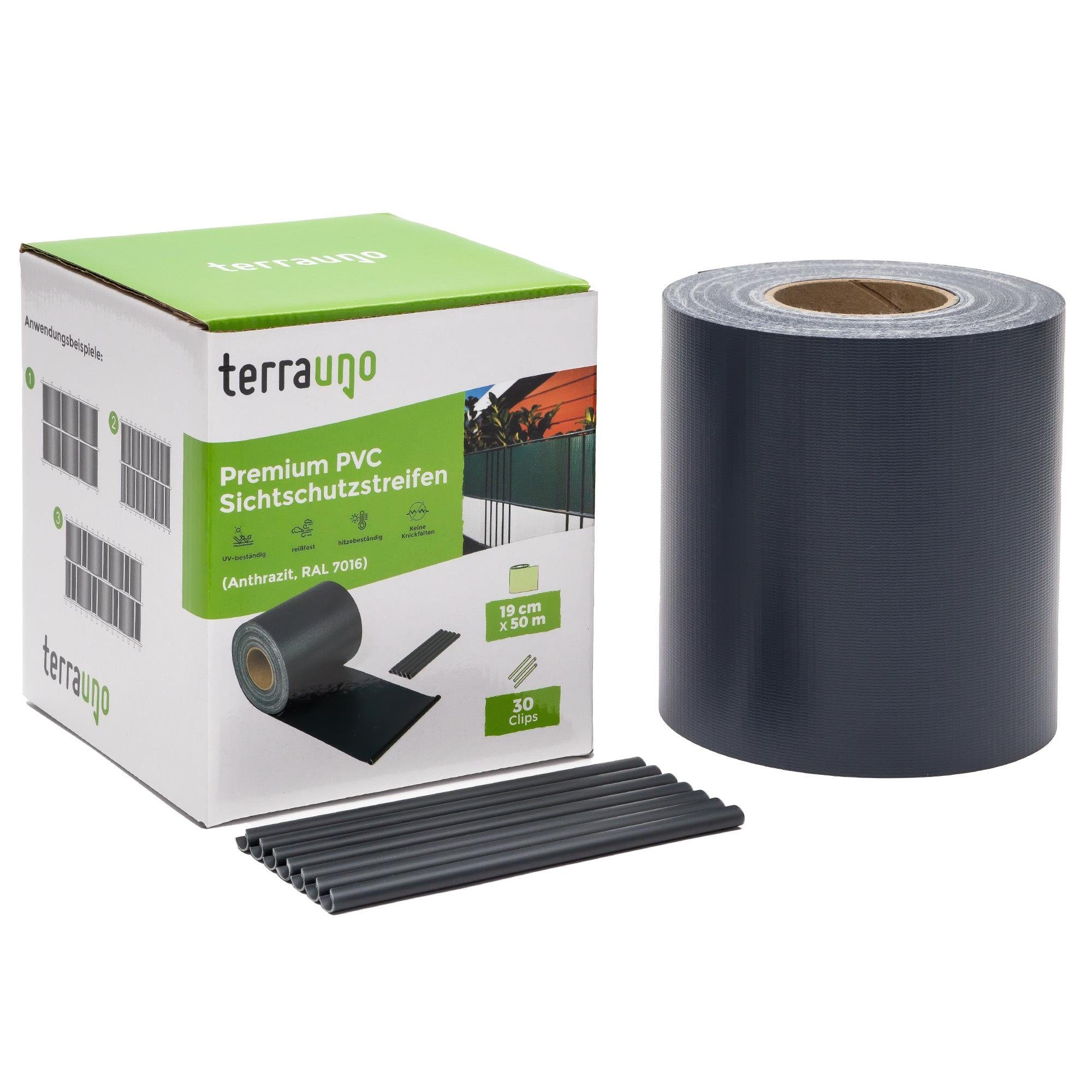 TerraUno Sichtschutzstreifen TerraUno I Sichtschutz (Rolle) Gartenzaun I 50, für Doppelstabmattenzaun - Gartenzaun I 50mx19cm inkl. 30 Clips I Anthrazit I PVC Sichtschutz für den Zaun