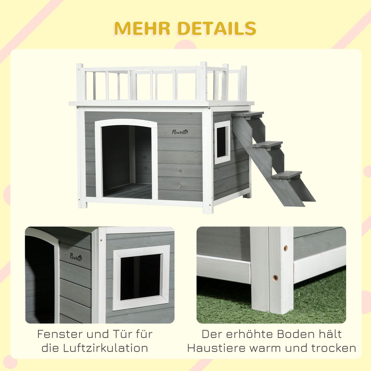 PawHut Hundehütte Hundehaus mit Balkon Erhöhtes Kleintierhaus mit Treppe Fenster