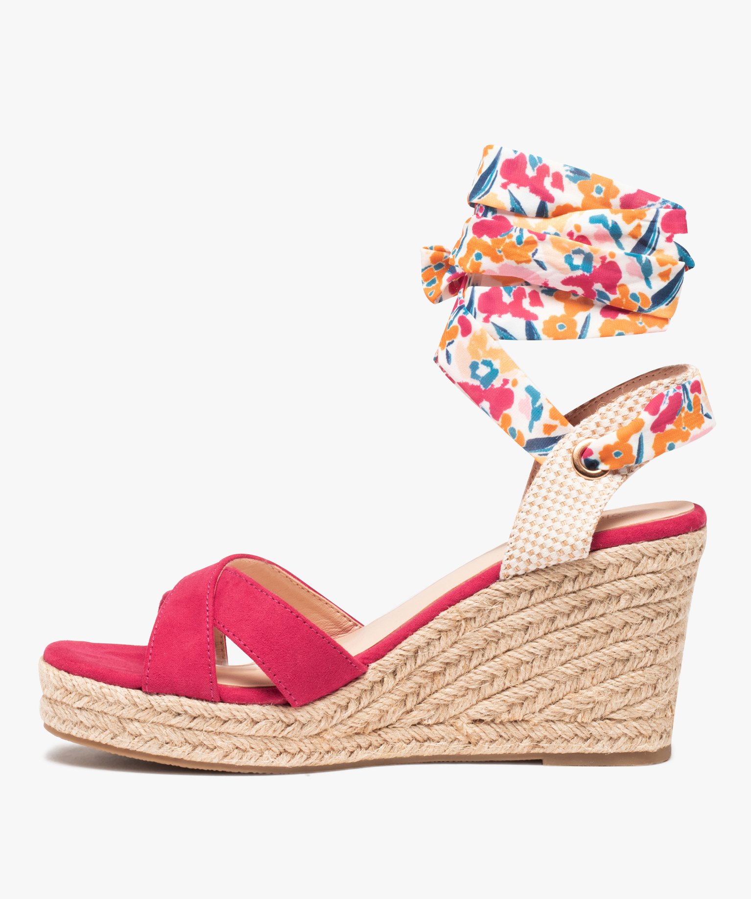 Sandales femme compensées en suédine et bride foulard fuchsia | GEMO