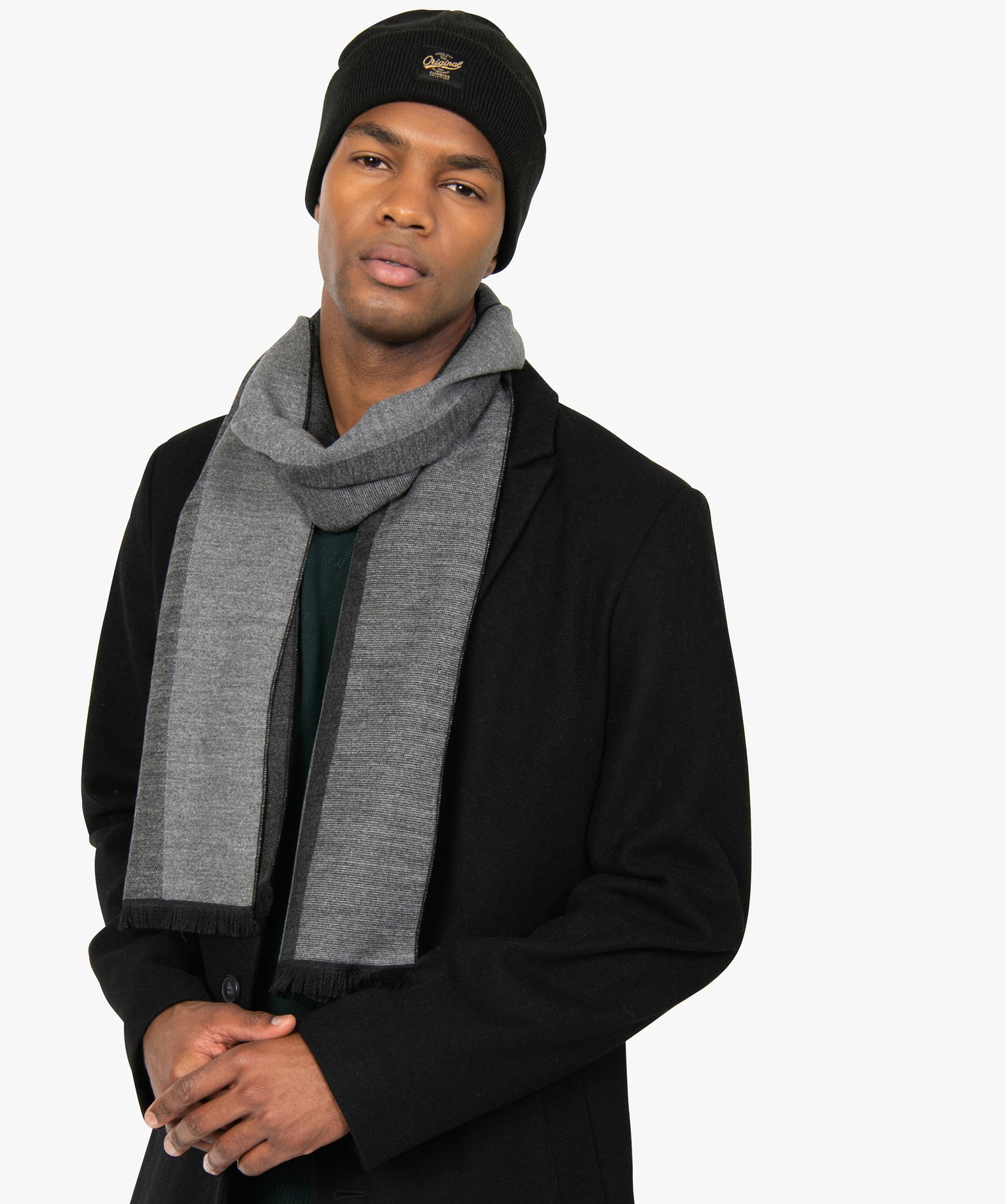 Echarpe homme à rayures et finitions franges gris | GEMO