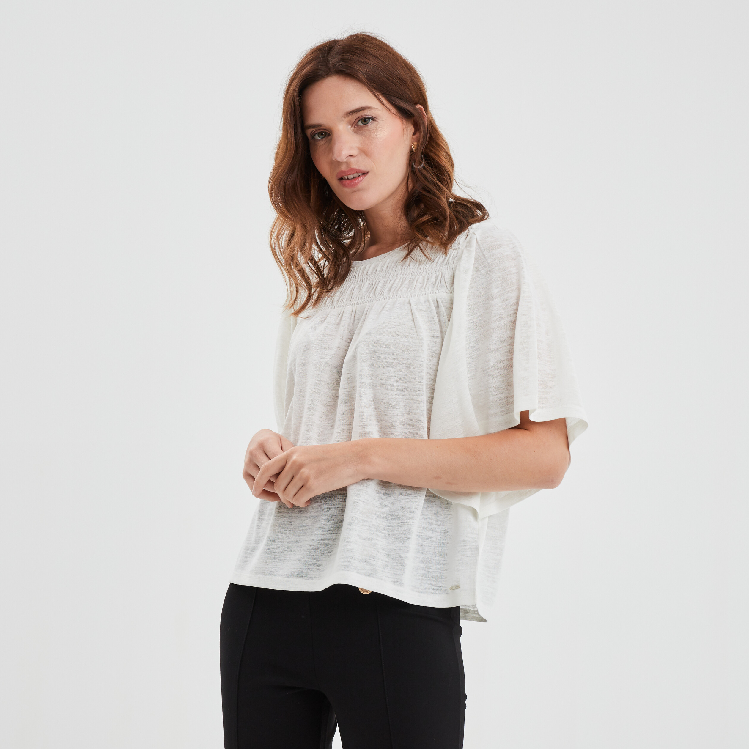 T-shirt manches courtes volantées Creeks blanc femme | La Halle