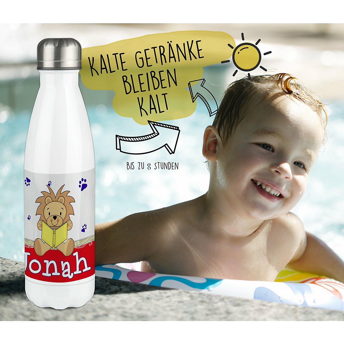 Edelstahl Kinder Thermoflasche / Trinkflasche bunt Leselöwe Farbe rot Spülmaschinenfest, Auslaufsicher, Bruchfest, Doppelwandig, Für Heißgetränke geeignet, Mit Deckel, Isoliert