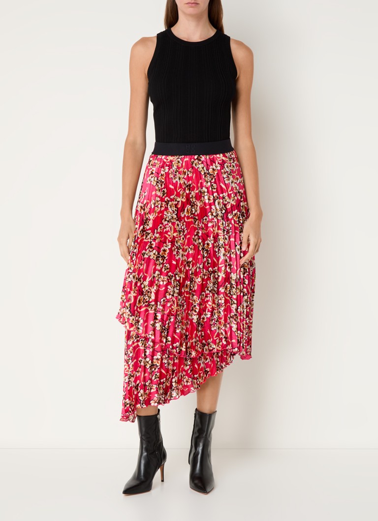 Fustă midi HUGO BOSS cu imprimeu floral și curea cu logo.