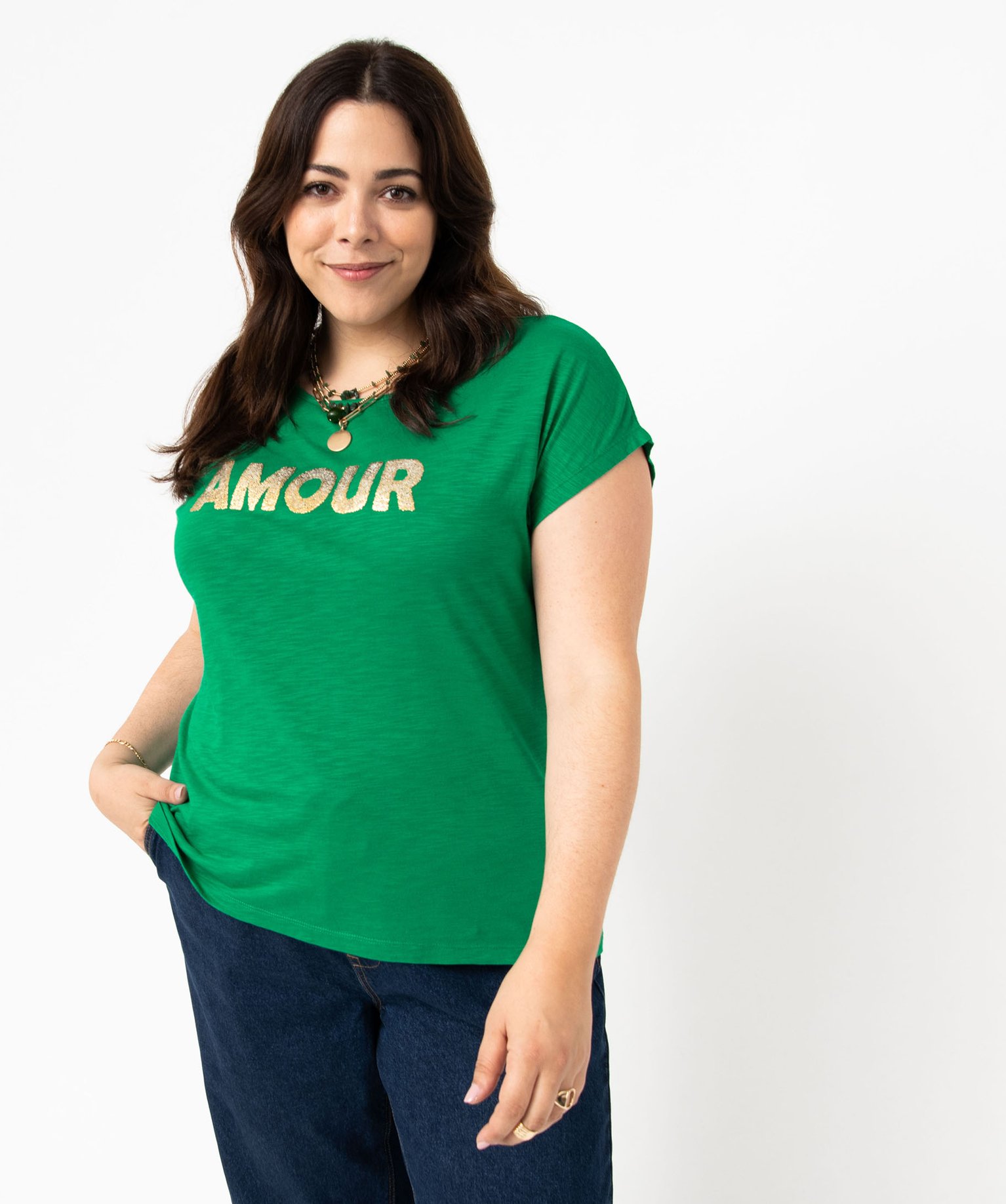Tee-shirt à manches courtes avec message femme grande taille vert | GEMO