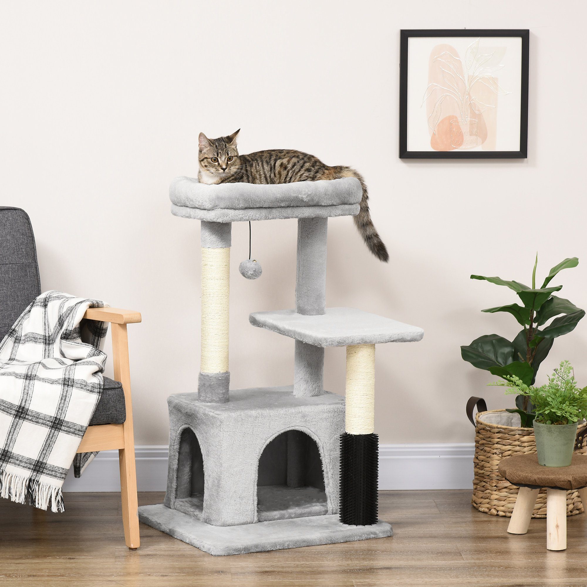 PawHut Kratzbaum Katzenbaum mit Massageecke Katzenhöhle Katzenkratzbaum Hellgrau, 48L x 48B x 85H cm