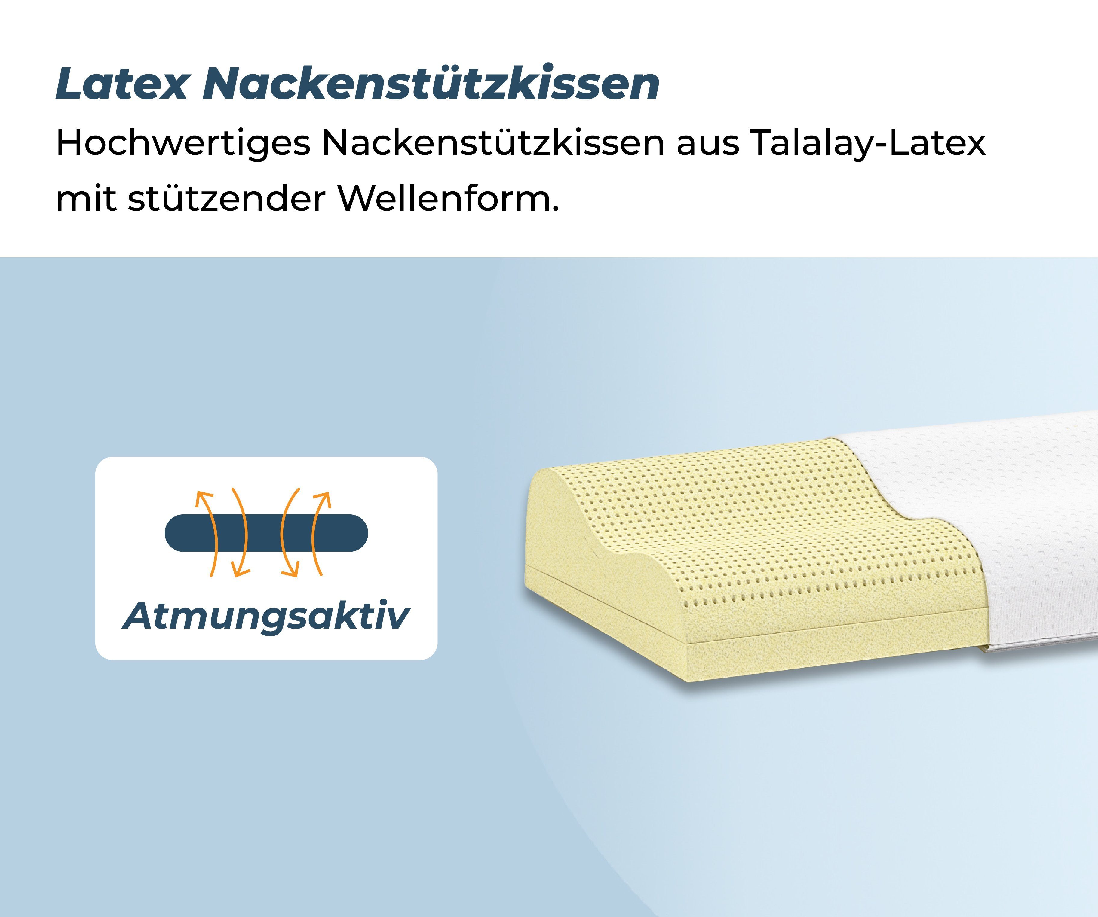 Nackenstützkissen Latex höhenverstellbar, liegegut, Füllung: Talalay Latex, Seitenschläfer, Rückenschläfer, Höhenverstellbar, atmungsaktiv, hergestellt in Deutschland