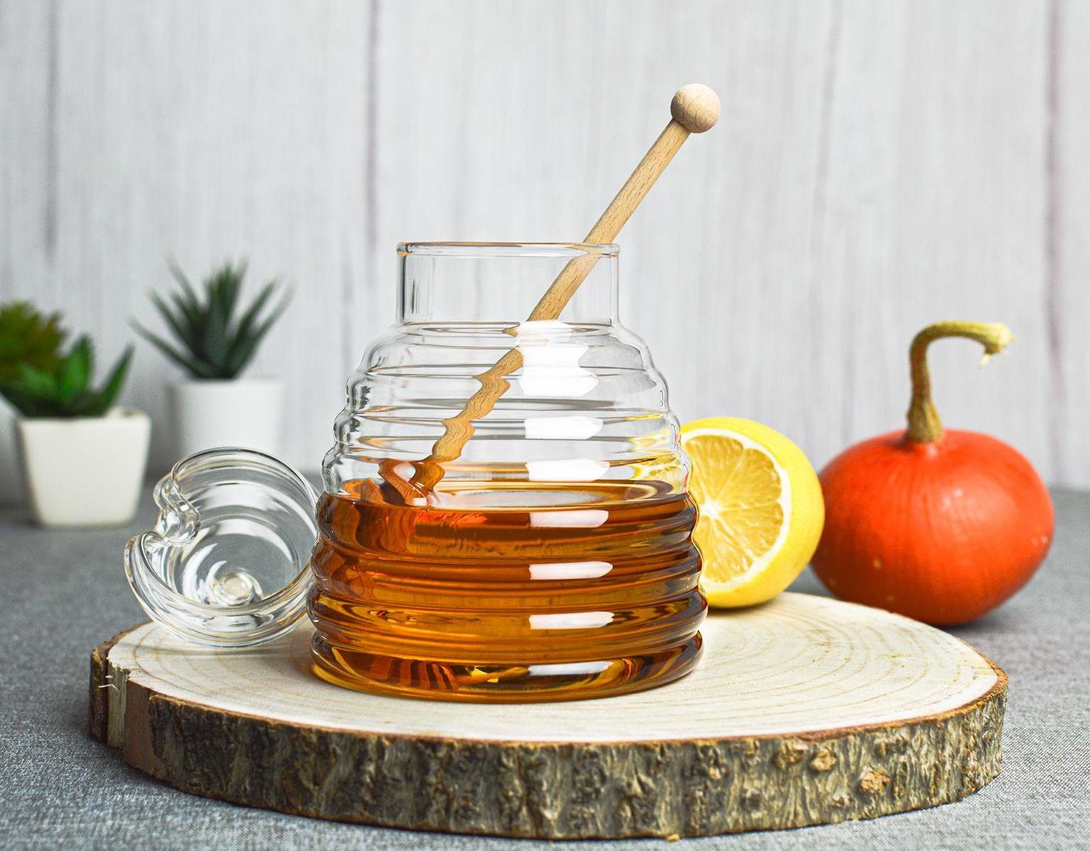 Sendez Honigglas 3-tlg. Honigtopf Honigdose Honigspender Honigglas Marmeladendose Vorratsdose Borosilikatglas