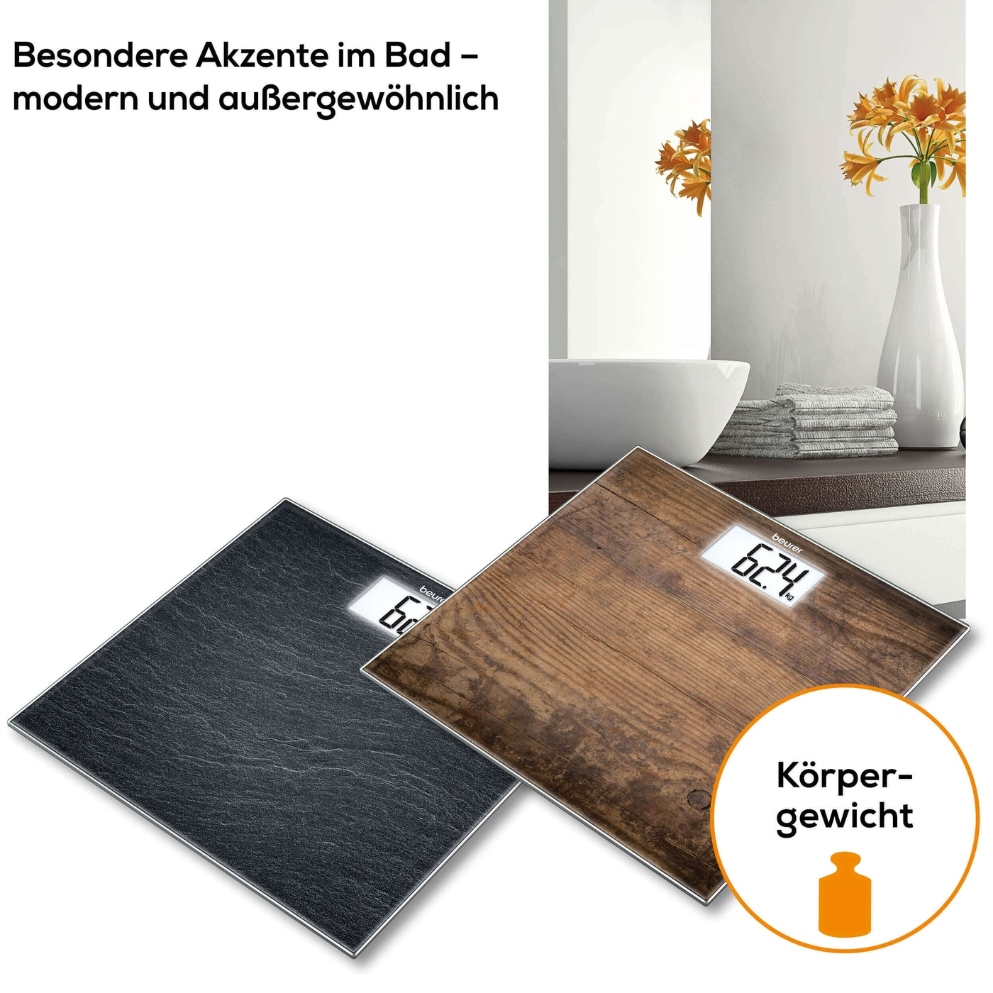 Beurer Glaswaage GS 203 Wood-Personenwaage aus Glas mit beleuchtetem XL-Display - bis 150 kg