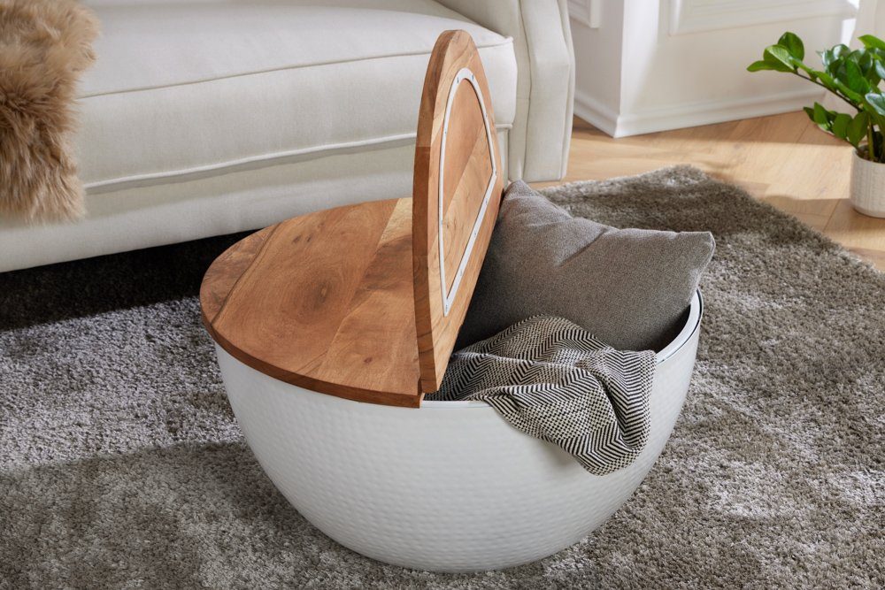 riess-ambiente Couchtisch ORIENT STORAGE Ø60cm natur / weiß, Wohnzimmer · rund · Massivholz · Metall · mit Stauraum · Hammerschlag