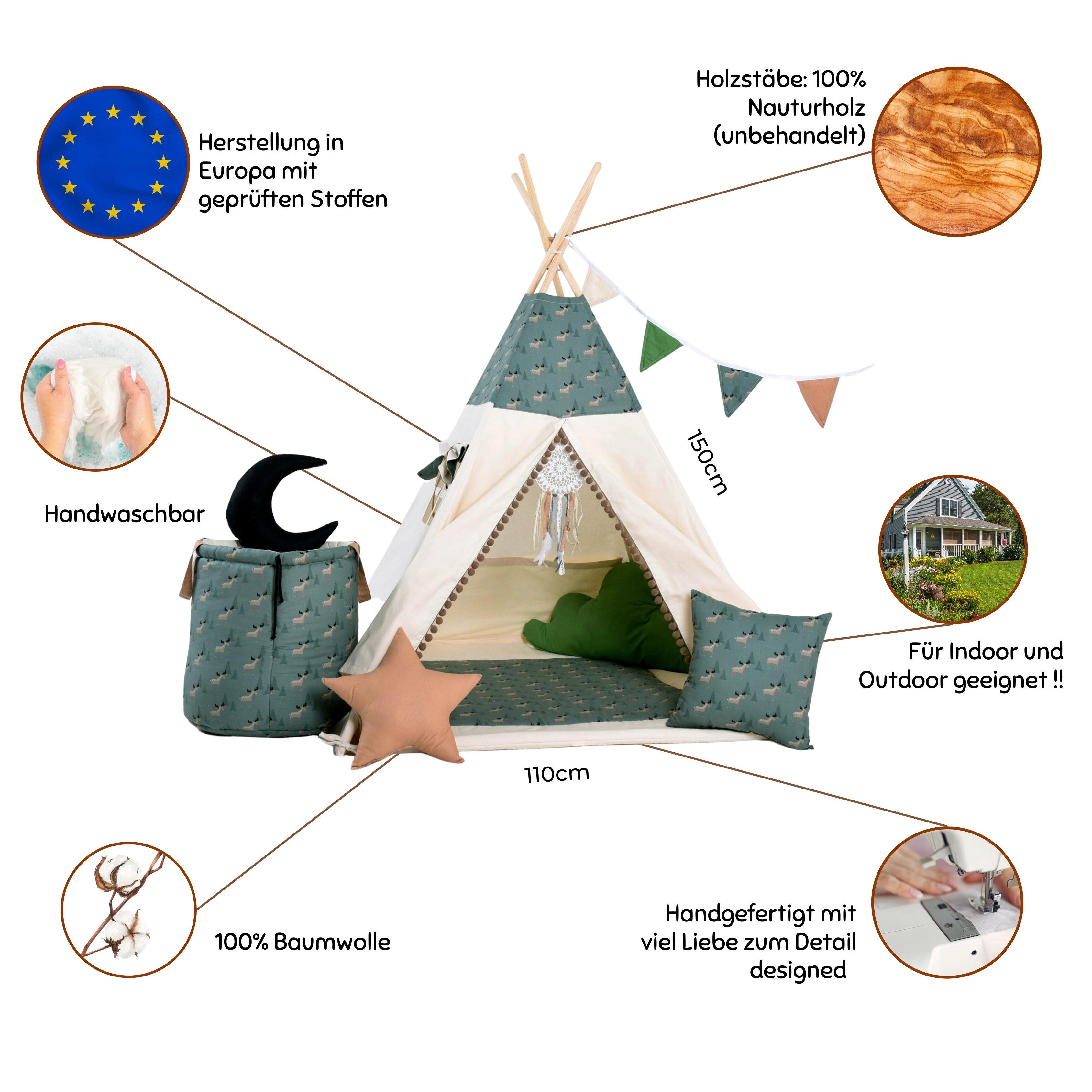 Rainbow Kids Tipi-Zelt Elchilein, Personen: 2 (mit Zubehör, 8 tlg., mit 4 Kissen, Matte, Spielzeugkorb und Wimpelkette)