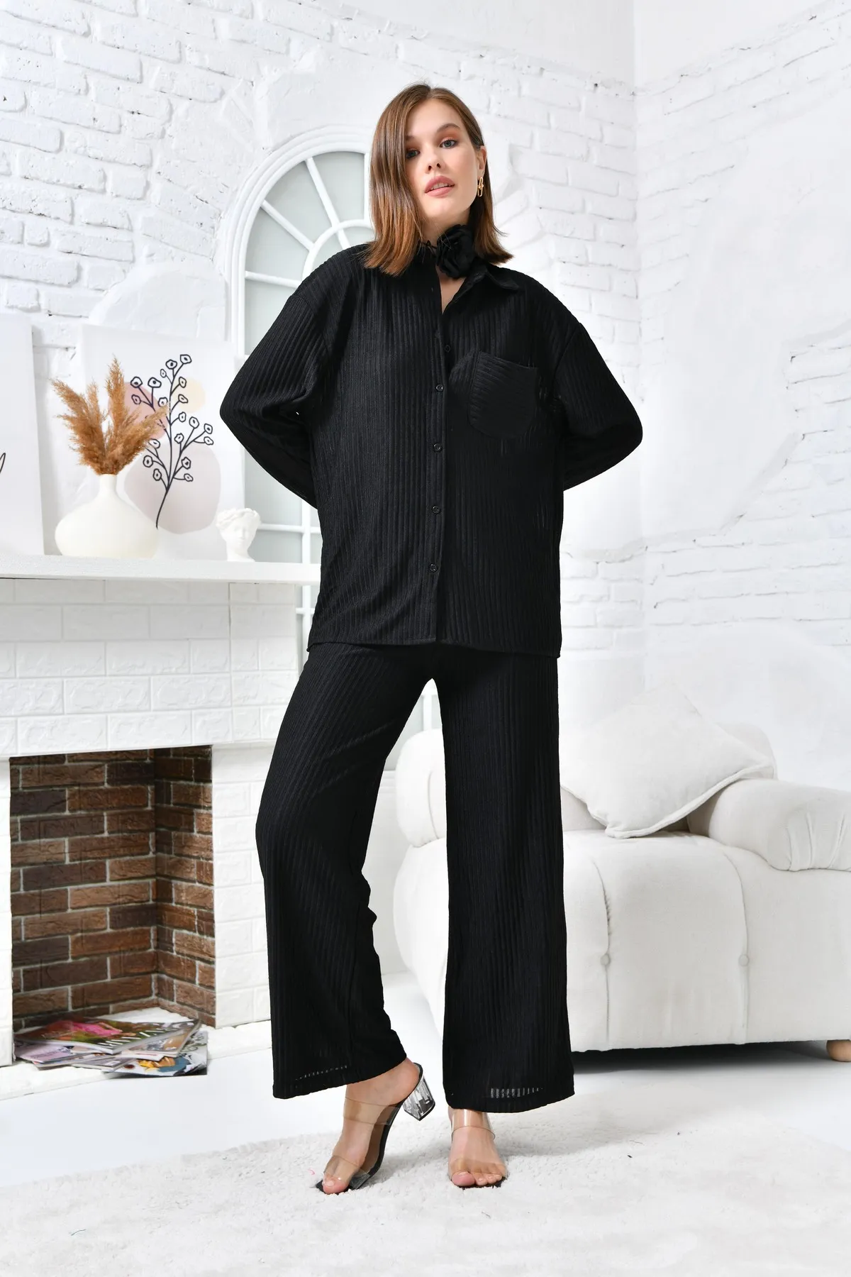 VOLT CLOTHİNG  Damen-Hosenset mit weitem Bein und Brusttasche