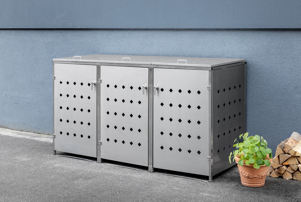 HC Garten & Freizeit Mülltonnenverkleidung 3er Mülltonnenbox Raute, Edelstahl