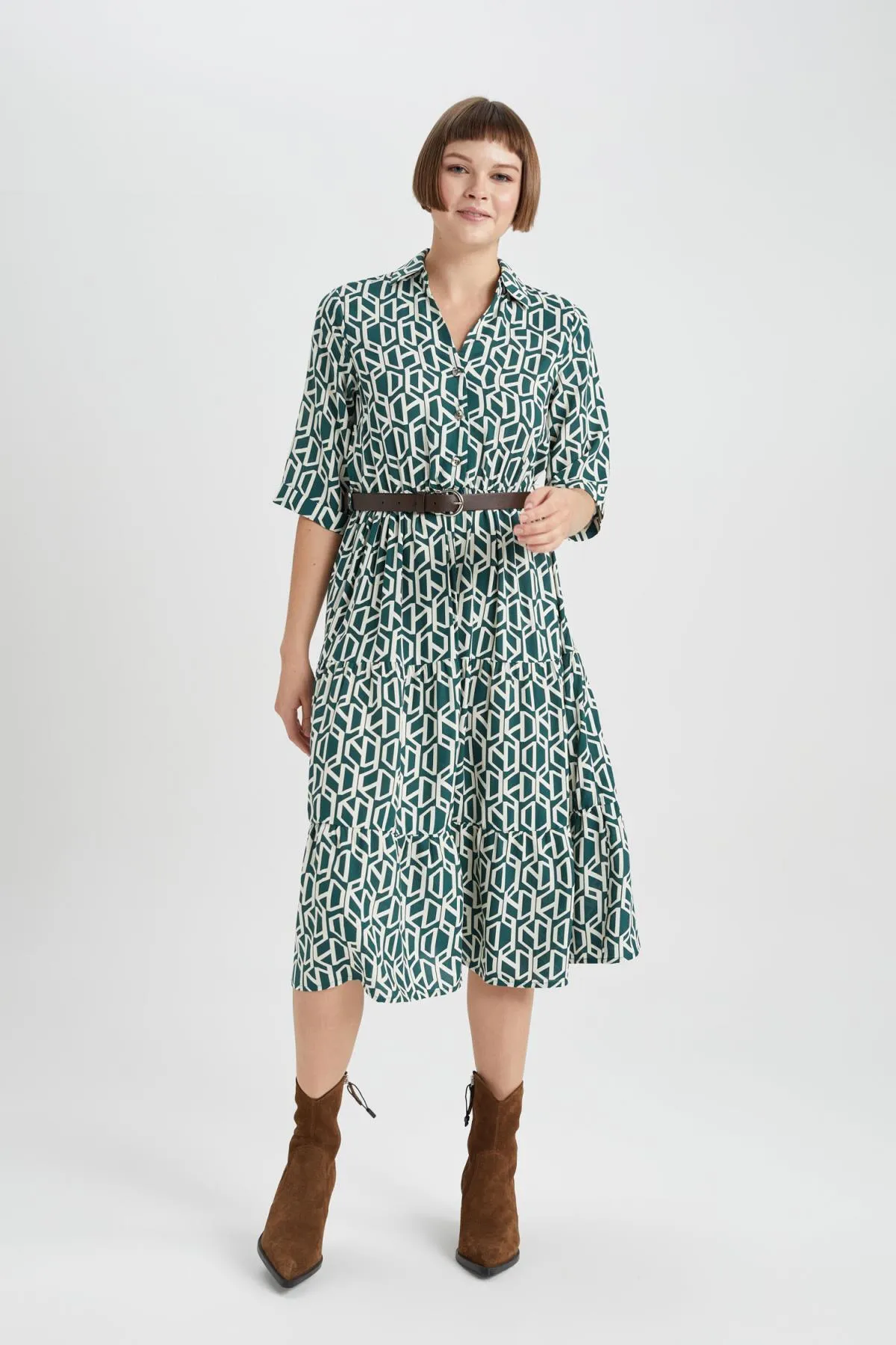 DeFacto  Bedrucktes Midi-Langarmkleid mit Hemdkragen