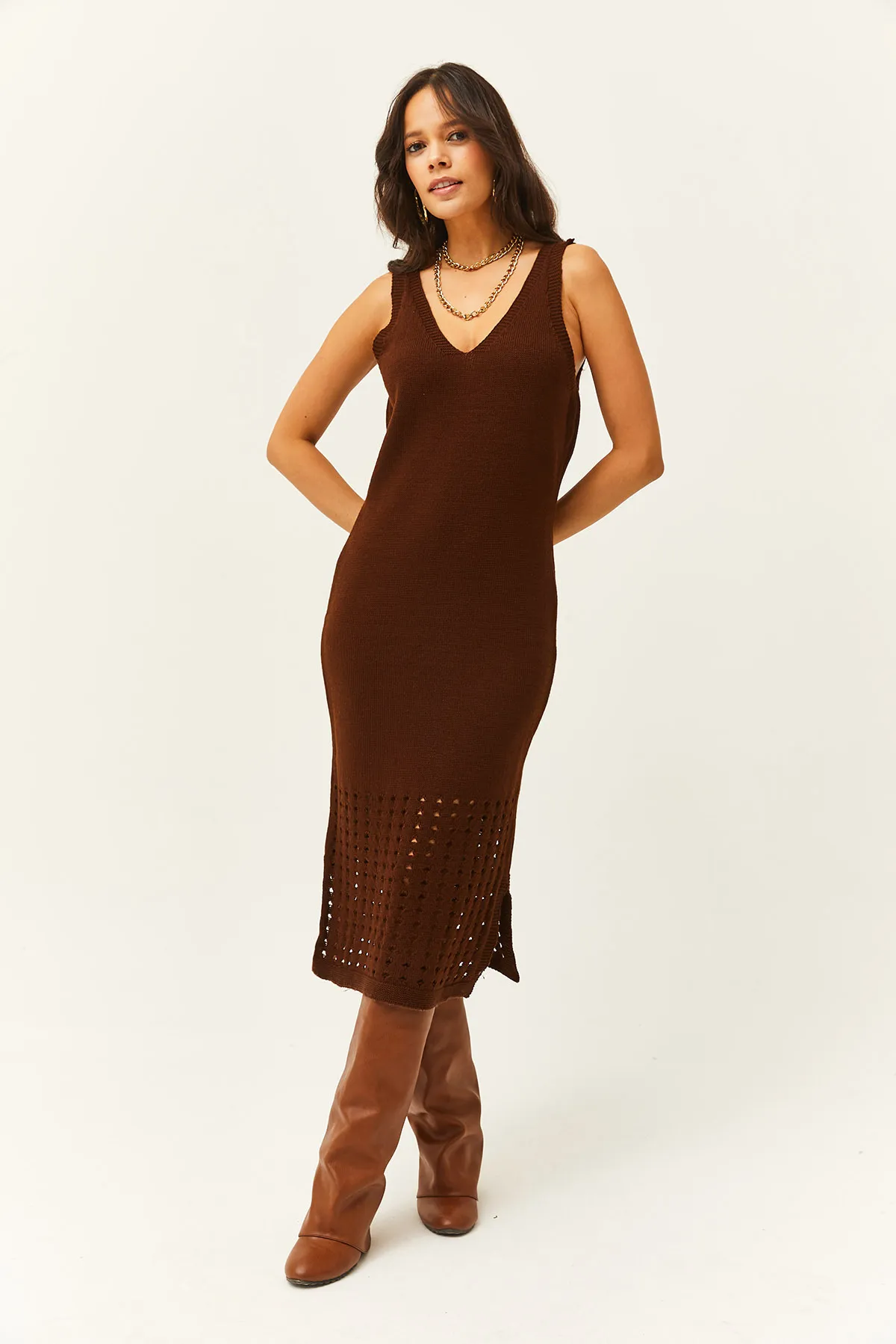 Olalook  Damenoberteil, durchbrochener Pullover, unten, durchbrochenes Kleid, Strickanzug, Bitterbraun, TKM-19000246