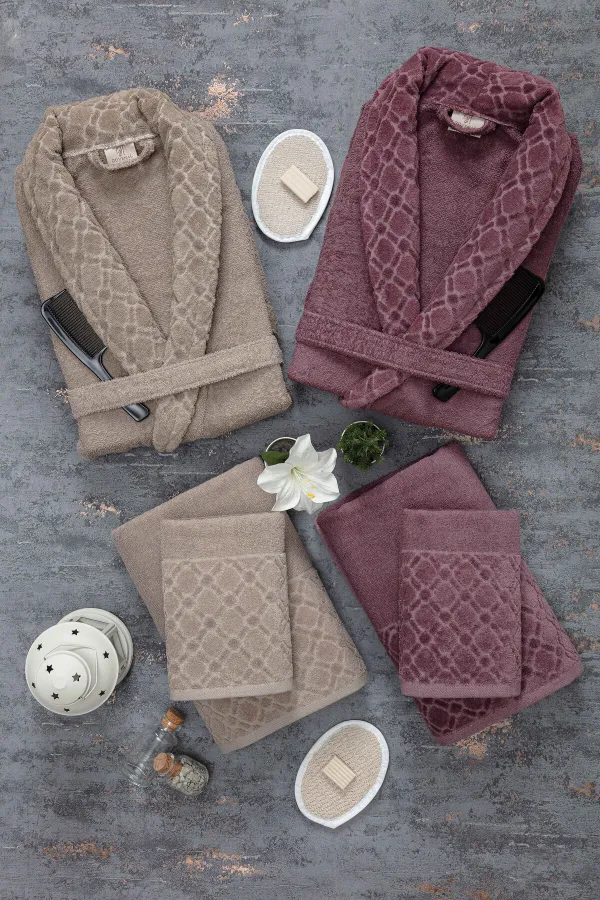 Güvenal  Hayal 12-teiliges Jacquard-Bademantel-Set | Bademantel | Handtuch und Handtuch-Set | Badezimmer-Aussteuer-Set