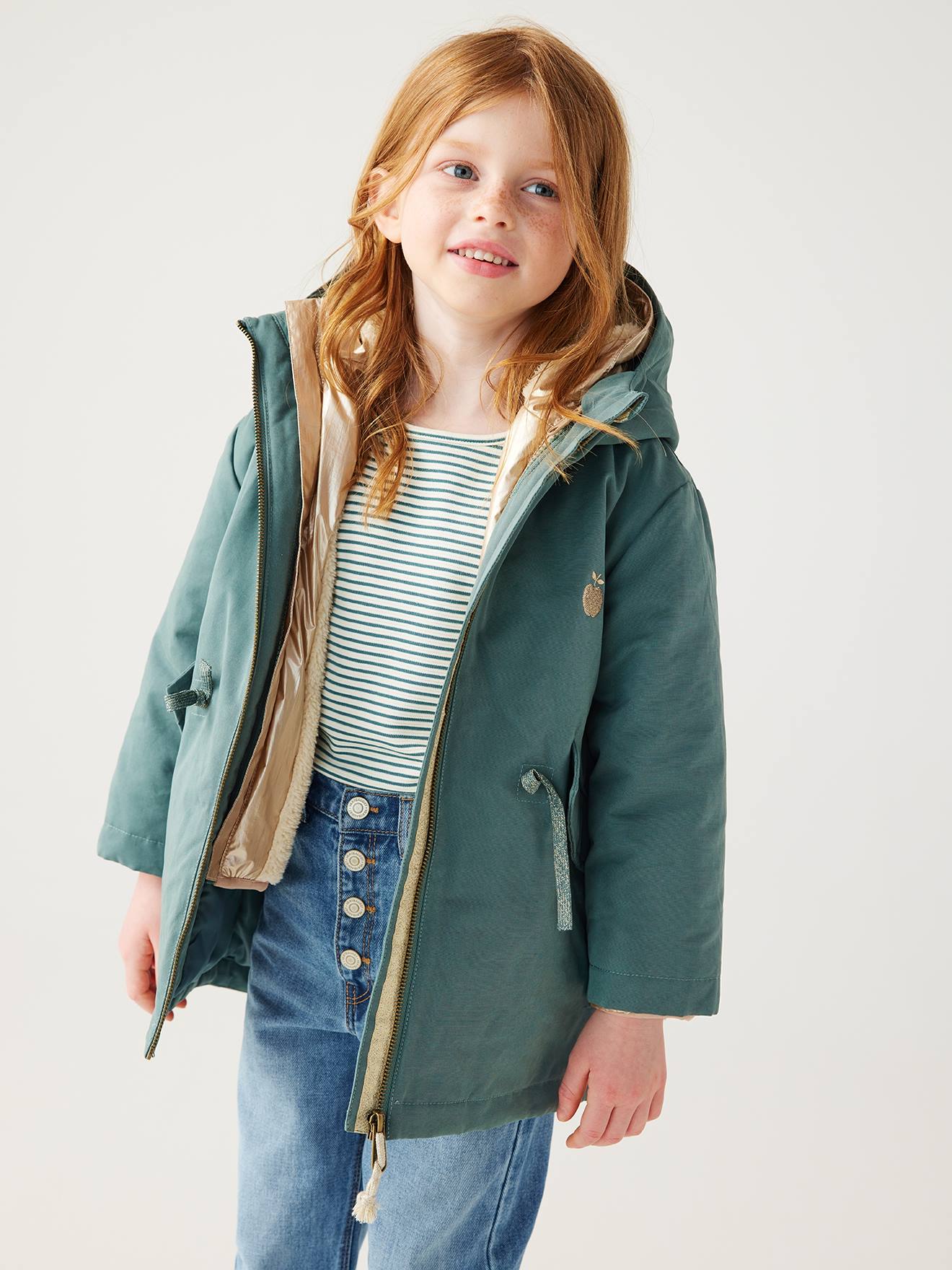 Parka à capuche 3 en 1 fille avec doudoune brillante doublée sherpa camel
