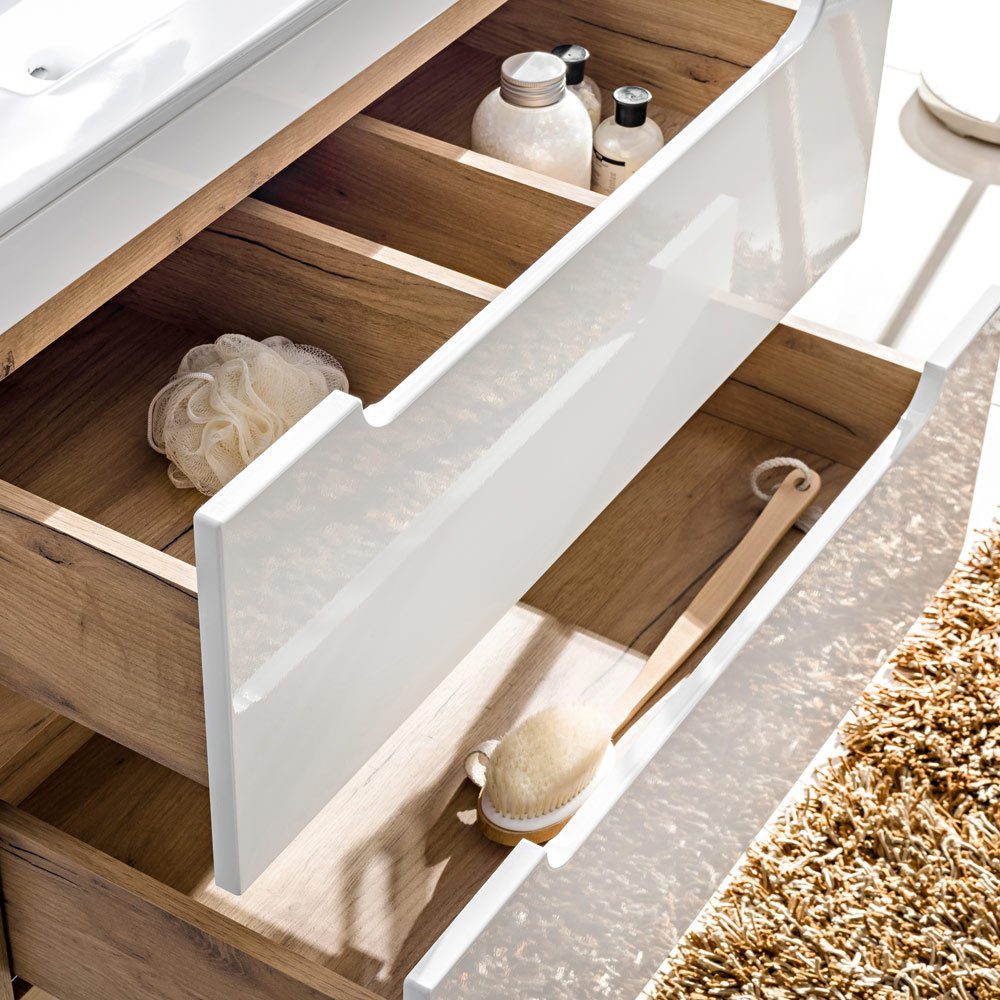Lomadox Badmöbel-Set LUTON-56, (7-St), weiß mit Wotan Eiche Nb. mit LED-Spiegelschrank 130/200/46 cm