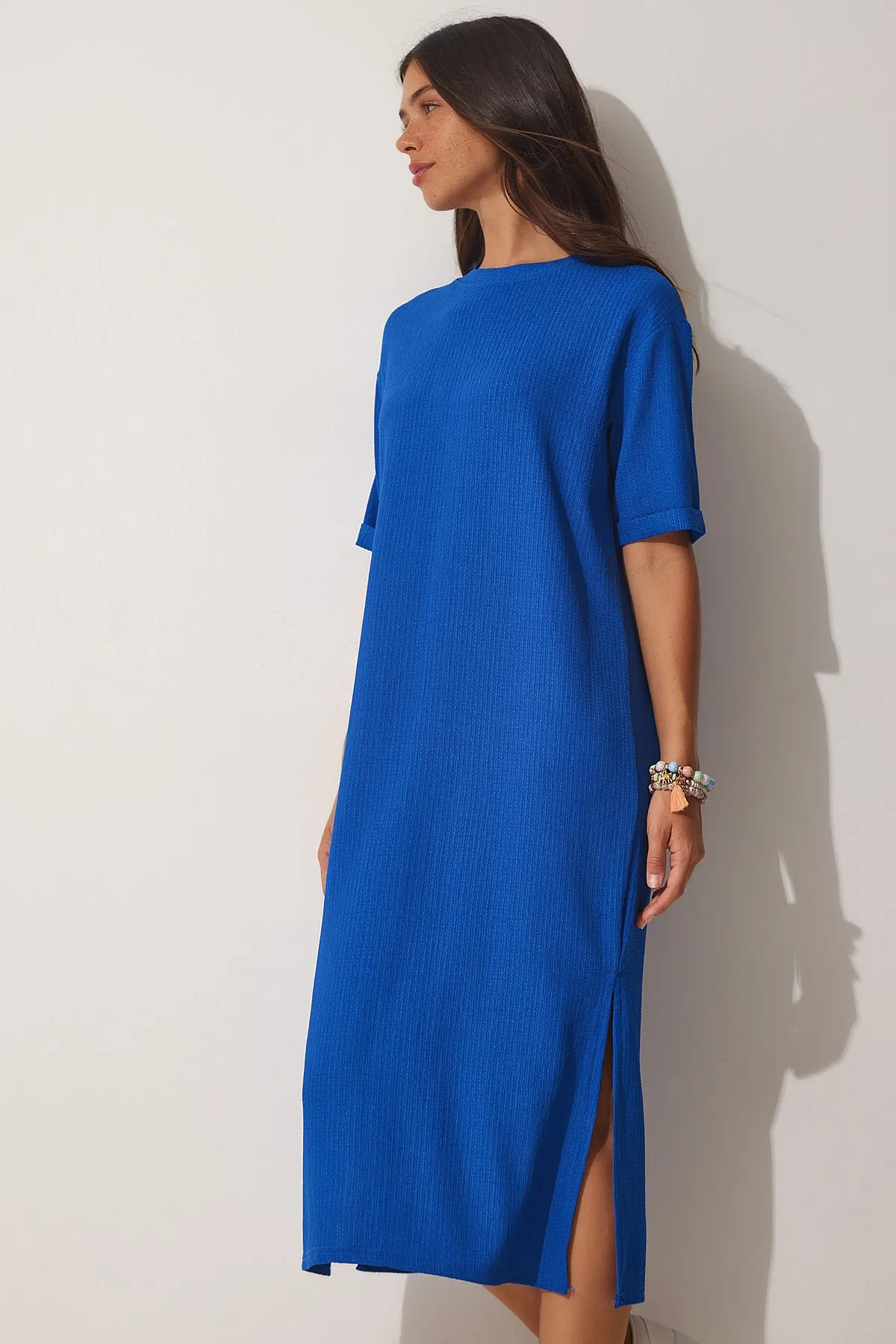 Happiness İstanbul  Blaues strukturiertes Daily Midi-Strickkleid für Damen LH00037