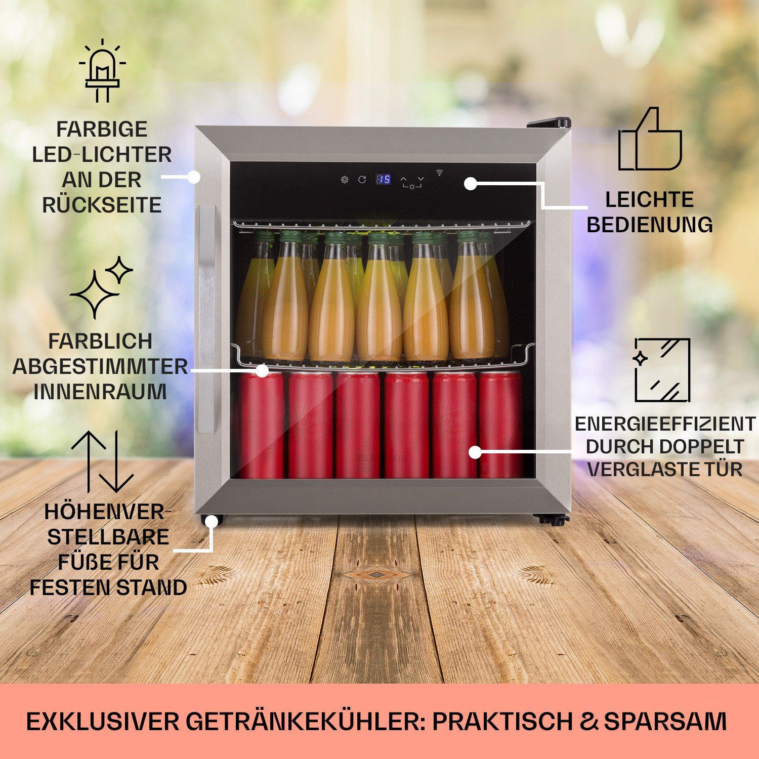 Klarstein Table Top Kühlschrank HEA-Coachella50 10034820A, 51 cm hoch, 47.5 cm breit, Bierkühlschrank Getränkekühlschrank Flaschenkühlschrank mit Glastür