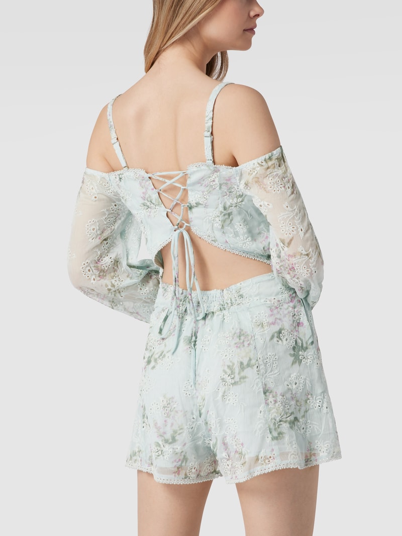 Cold-Shoulder-Jumpsuit mit floraler Lochstickerei in hellblau