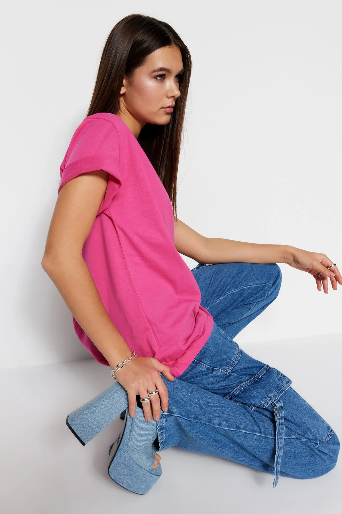 Trendyol Collection  Fuchsia, 100 % Baumwolle, Oversize/Weitform, Rundhals-Strick-T-Shirt TWOSS20TS0134