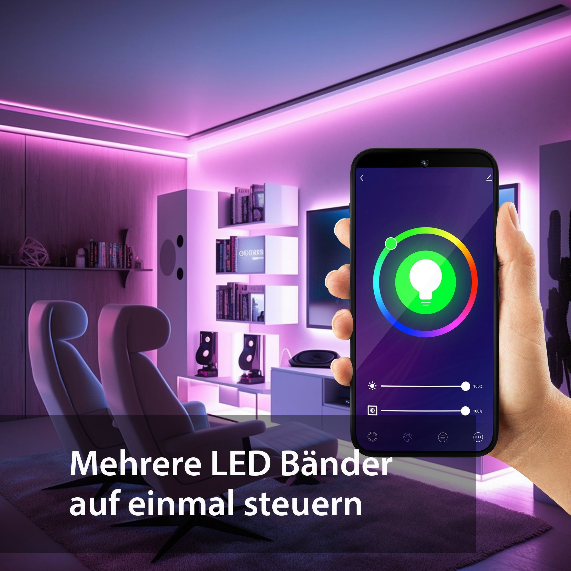 XCOAST LED-Streifen 2m SMARTES SELBSTKLEBENDES LED BAND, dimmbar, 90cm Netzkabel, Music-Sync, 16M Farben, 30 LED/m