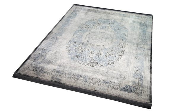 Wollteppich Wollteppich hochwertiger Teppich klassisch mit Ornamenten aus Naturfasern in grau, Teppich-Traum, rechteckig, Höhe: 7 mm, Wollteppich