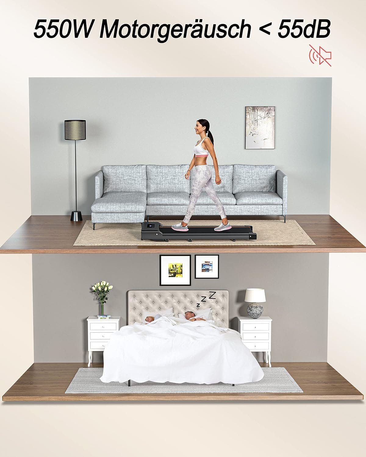 TODO Laufband (Laufband für Zuhause,1-8 km/h Geschwindigkeit,550 W mit Fernbedienung), Laufband für Zuhause, 6 Silica-Fußpads auf der Unterseite