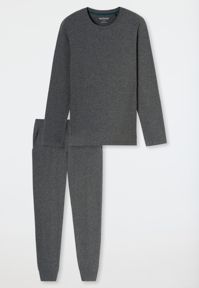 Schlafanzug Doppelripp lang Bündchen dunkelgrau meliert - Modern Nightwear