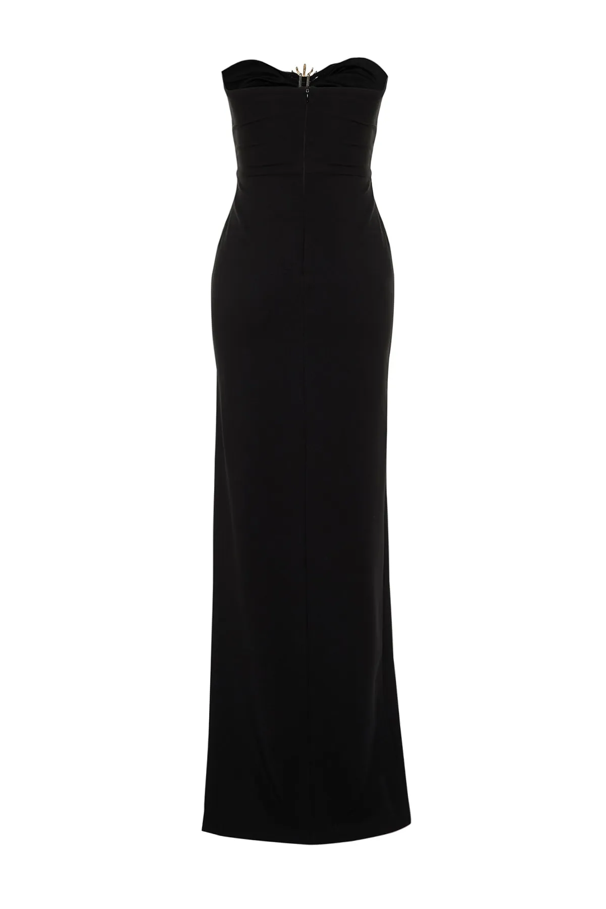 Trendyol Collection  X Zeynep Tosun Schwarzes, figurbetontes Kleid mit Sonnen-Accessoire-Details und glänzendem Schmucksteinbesatz TCLSS23AE00008