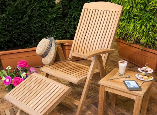 Kai Wiechmann Fußhocker Premium Teak Fußbank 50 x 42 cm als wetterfester Holzhocker, verstellbare und unbehandelte Fußstütze aus Teak