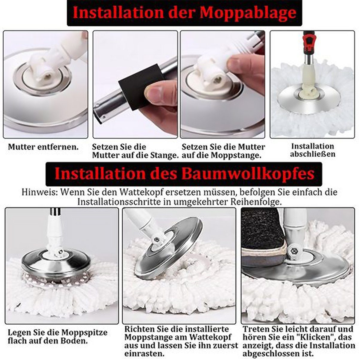 Hikeren Wischmopp Bodenwischer-Set mit Turbo,Leicht auswringen reinigen,3 Mikrofasertuch, Mit Putzeimer, drehbar