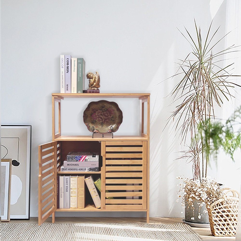 WAOHO Badkommode Badezimmerschrank Bambus, Sideboard Wohnzimmer, Schließfach 65X87X33cm, Abnehmbare Partition