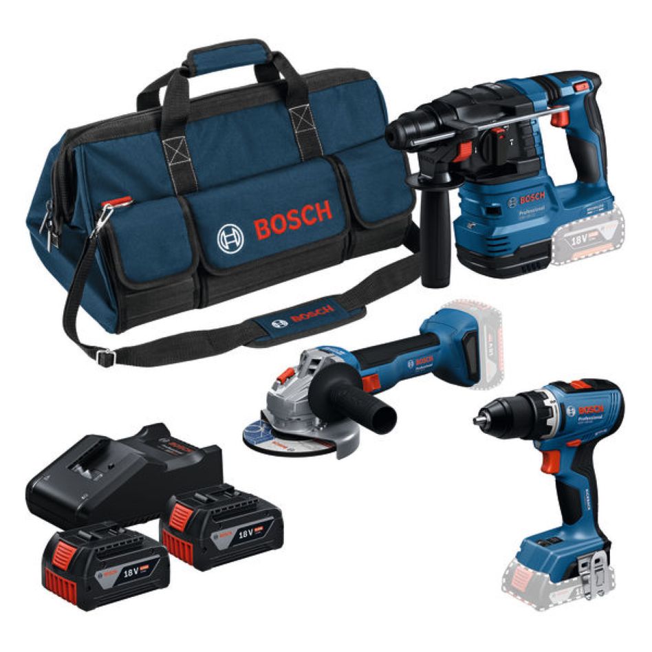 Bosch plavi 0615A50094 set akumulatorskog alata, 3 uređaja 18V, 2x 18V 4,0Ah i punjač GAL 18V-40 u torbi za alat