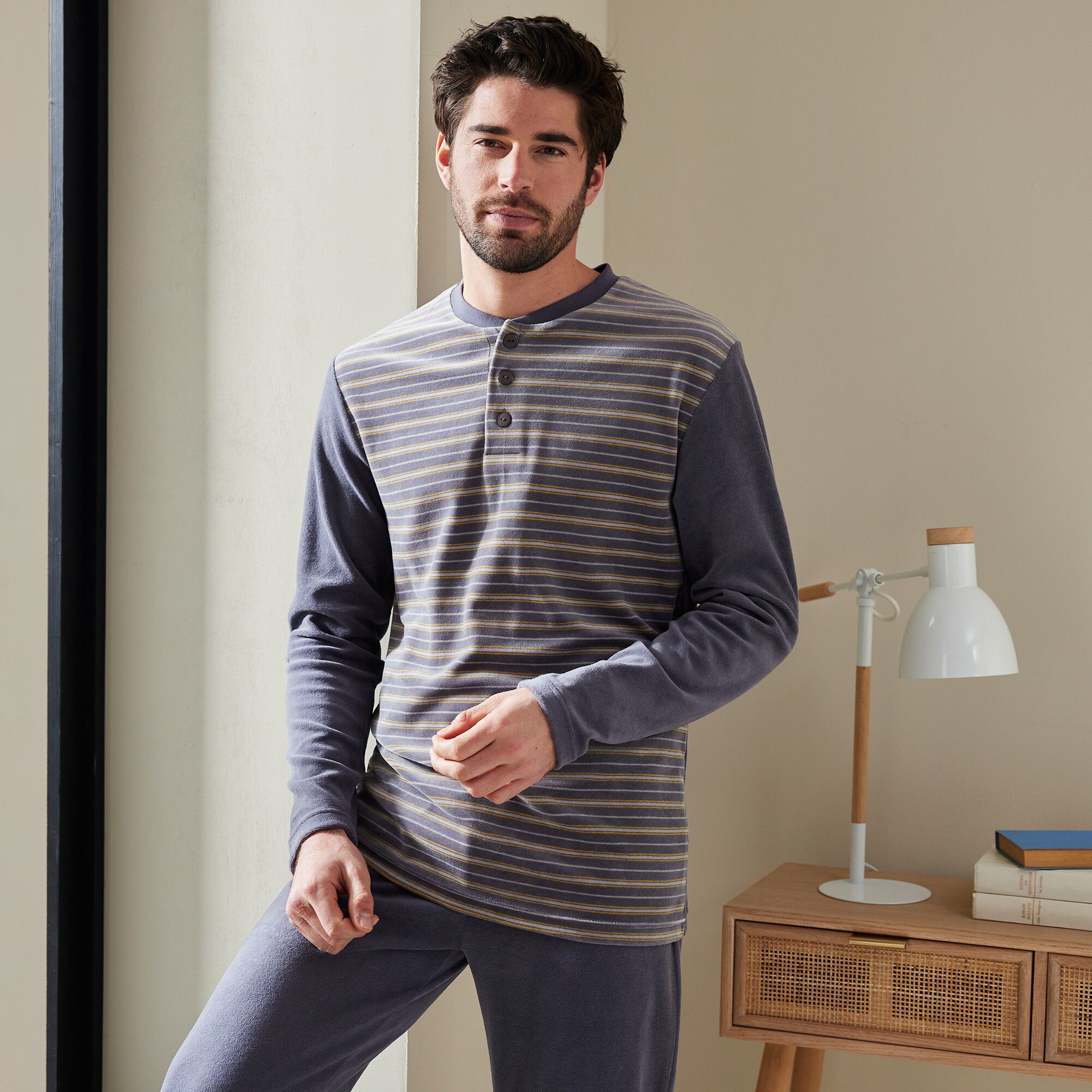 Pyjama pantalon rayé velours manches longues