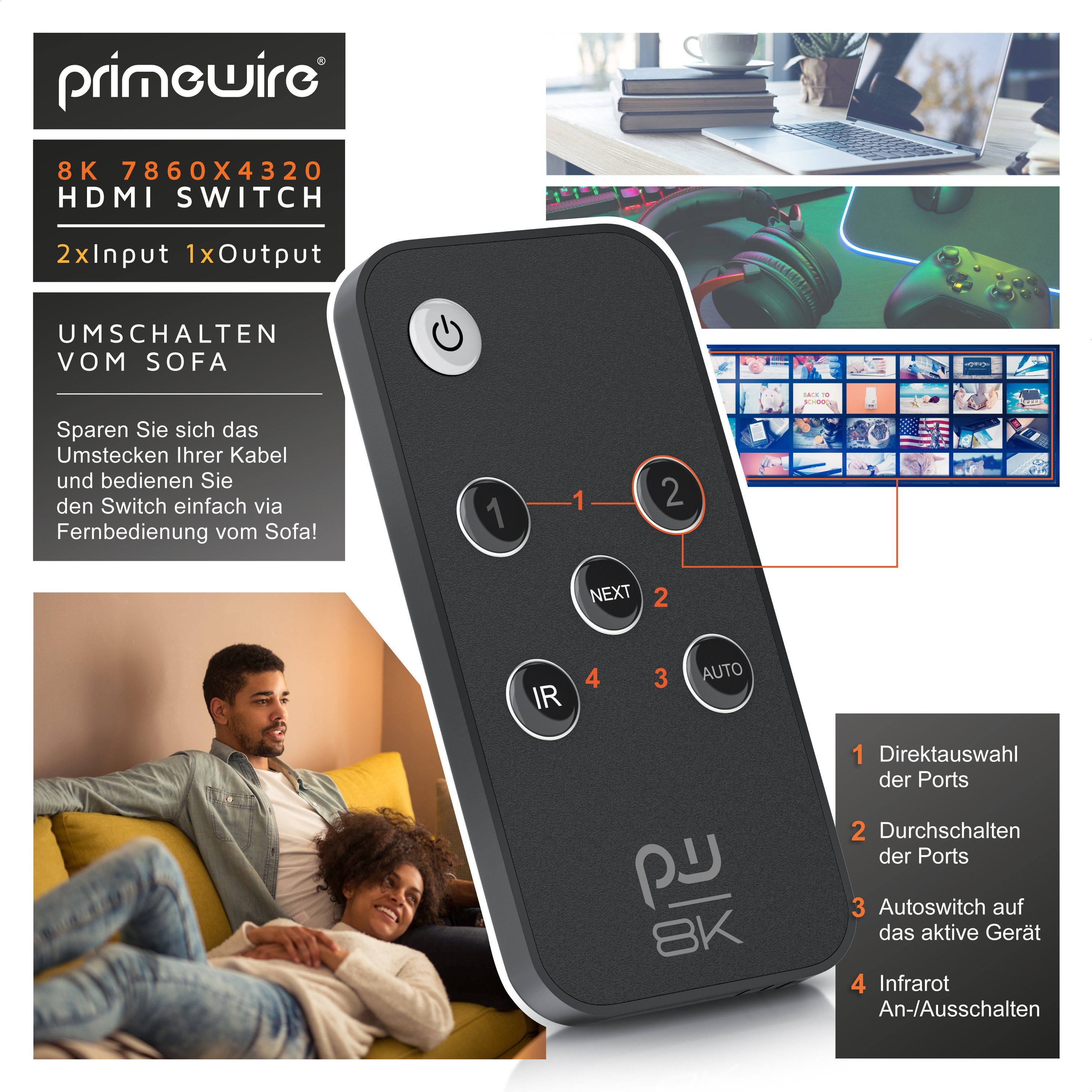 Primewire Audio / Video Matrix-Switch, 2-Port HDMI Splitter, 8K HDMI Switch 2 in 1 Out UHD, mit Fernbedienung