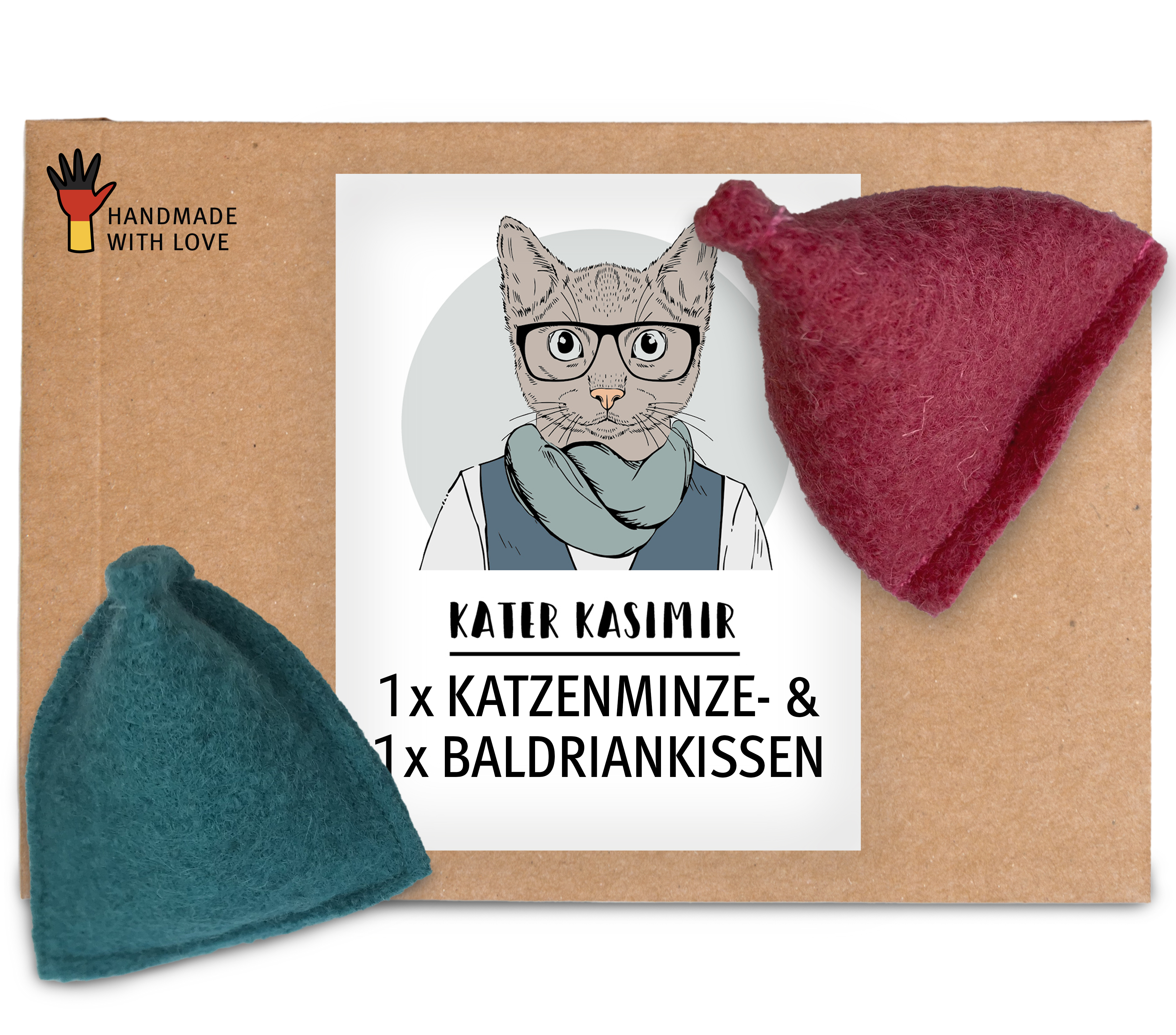 Kater Kasimir Baldrian & Catnipspielzeug Kater Kasimir Premium Katzen Spielkissen mit Baldrian und Katzenminze, 2er Set. Reiner Wollfilz vom Schaf, von Hand genäht