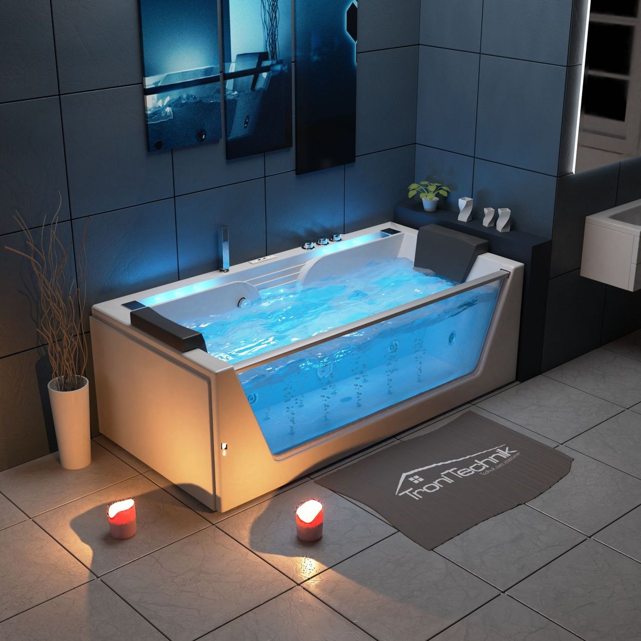 TroniTechnik Whirlpool Badewanne KOS 2 179cm x 85cm Heizung, Hydromassage, mit Bachlauf, Sanitäracryl