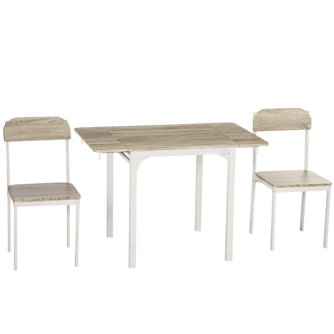 HOMCOM 3 TLG Esszimmergruppe Essgruppe mit 2 Stühlen und 1 Tisch Esstisch Set mit Klappbarer Tischplatte für Küche kleine Raume Stahl MDF Natur Weiß 110 x 70 x 75 cm