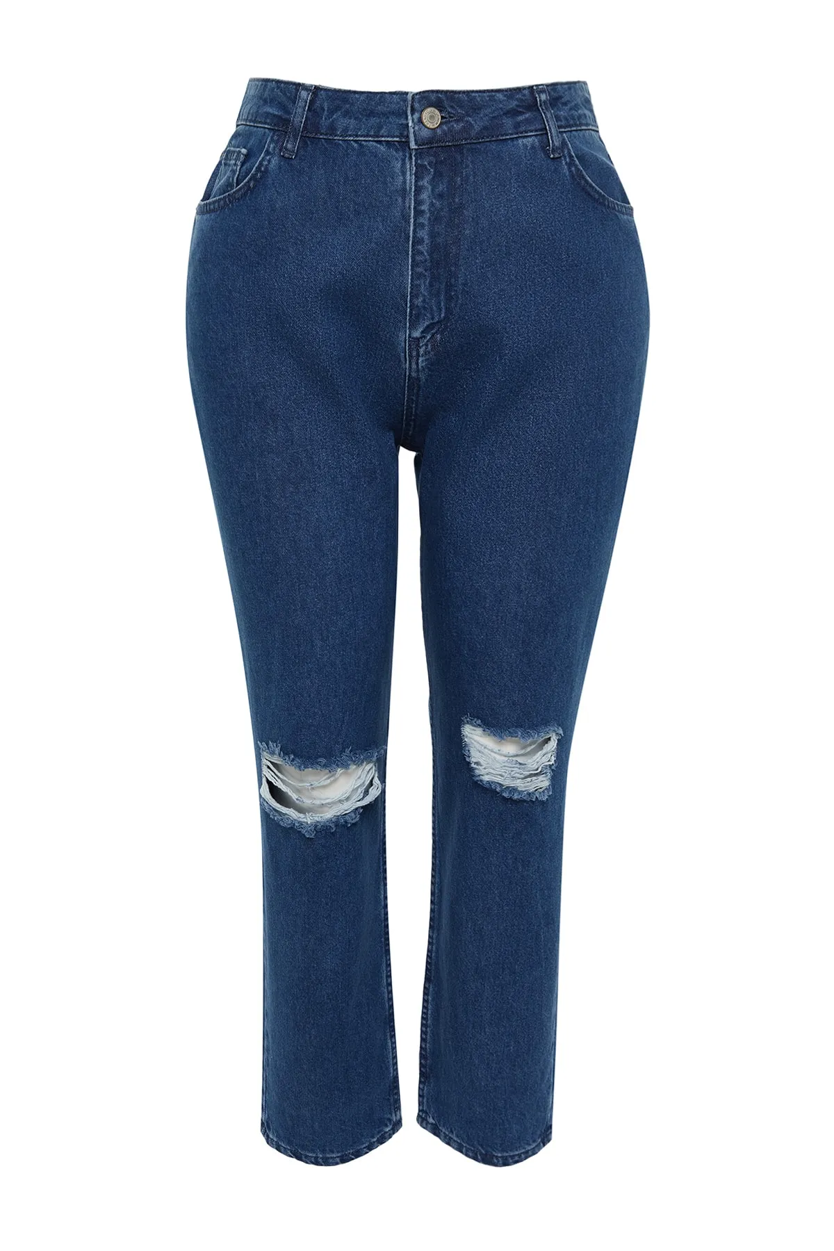 Trendyol Curve  Dunkelblaue Destroy-Jeans im Mom-Fit-Stil mit detaillierten Details TBBSS23CJ00019