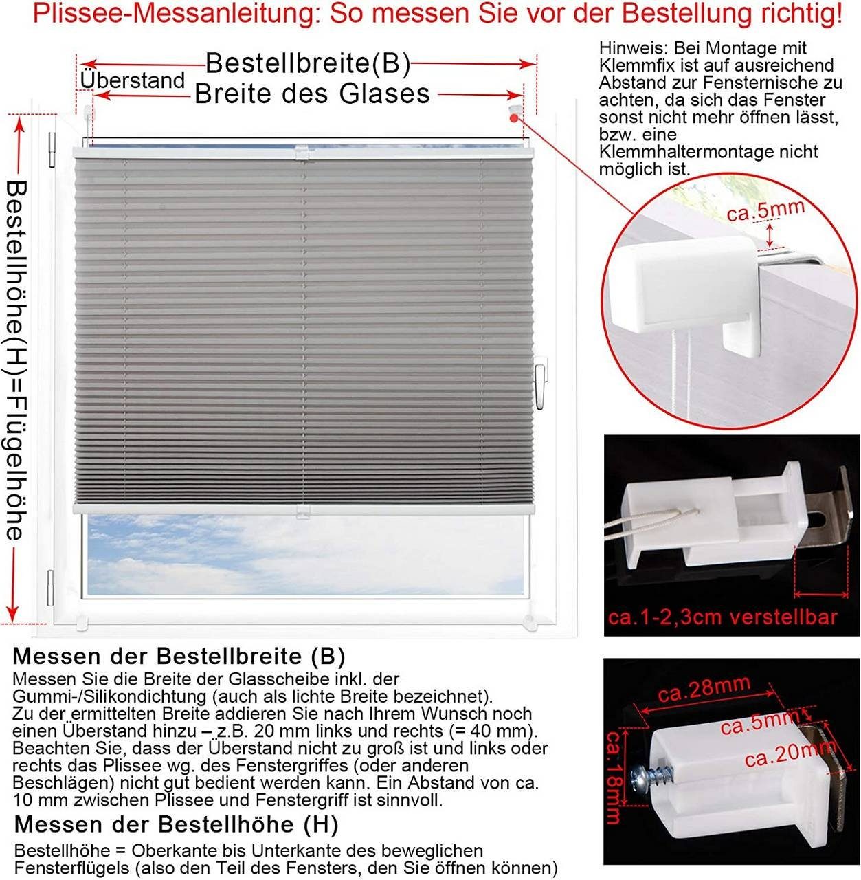 Plissee, Woltu, halbtransparent, Klemmfix, Klemmfix, Jalousie Faltrollo Blickdicht