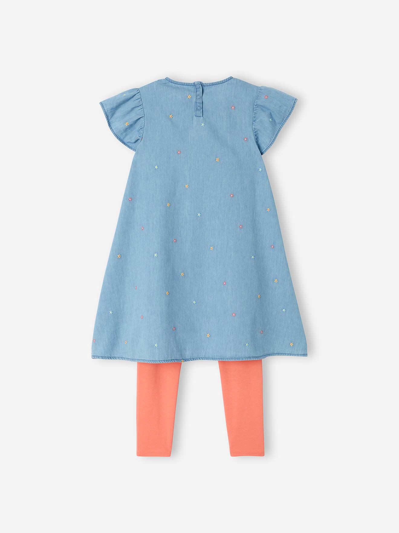 Ensemble 2 pièces robe brodée en denim et legging fille bleu