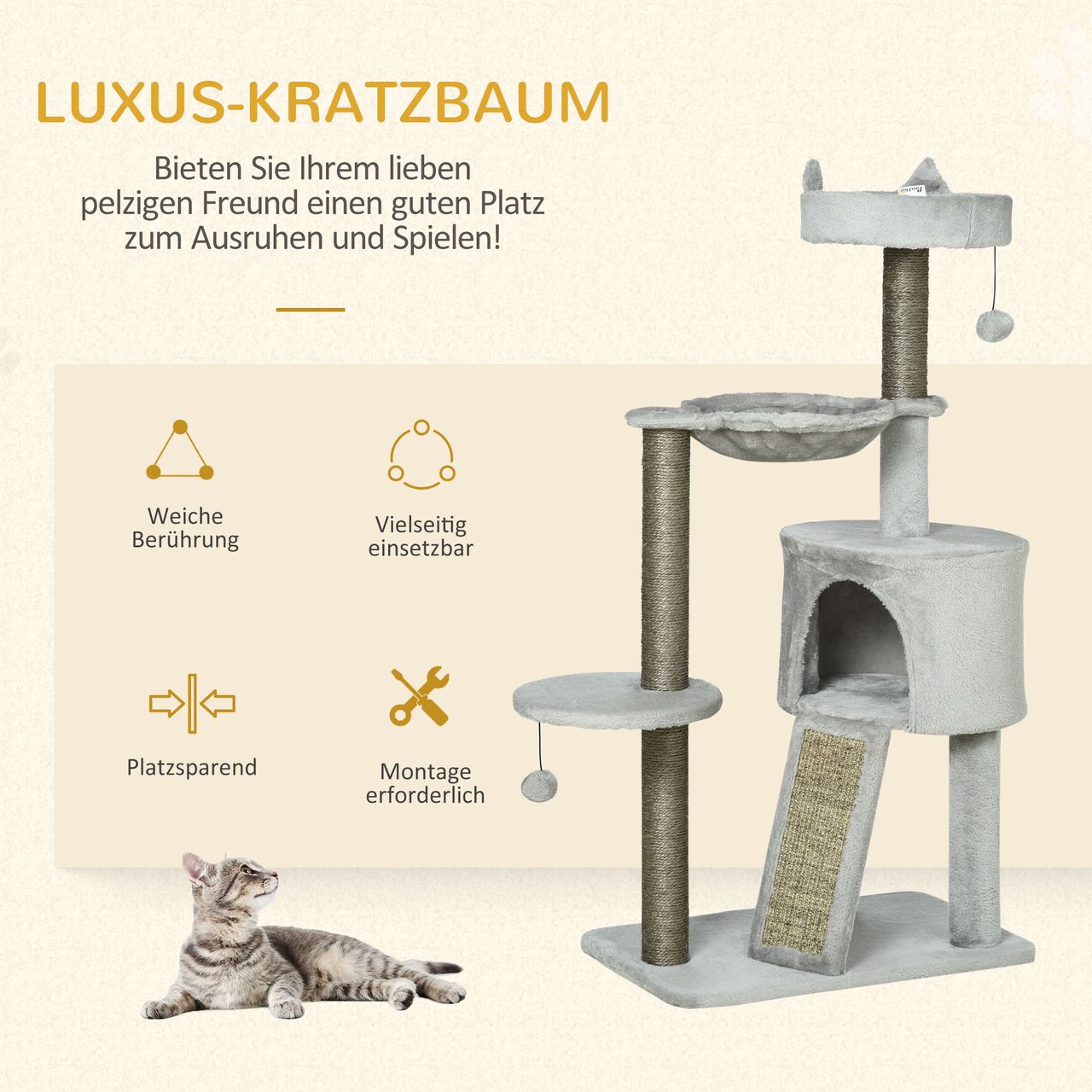 PawHut Kratzbaum 113 cm Katzenbaum mit Katzenhöhle Katzenkratzbaum Hellgrau