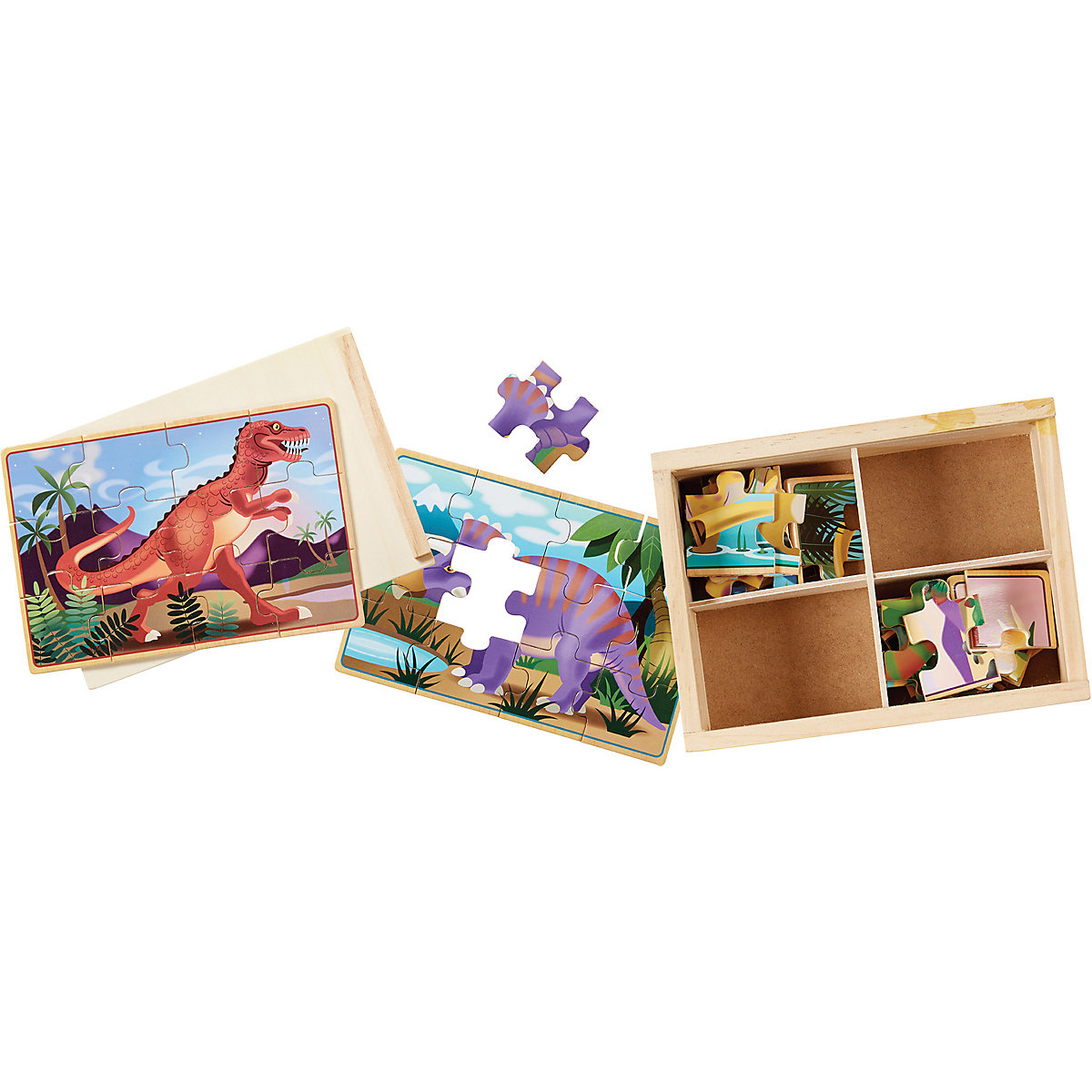 4 Holzpuzzle im Kästchen - Dinosaurier