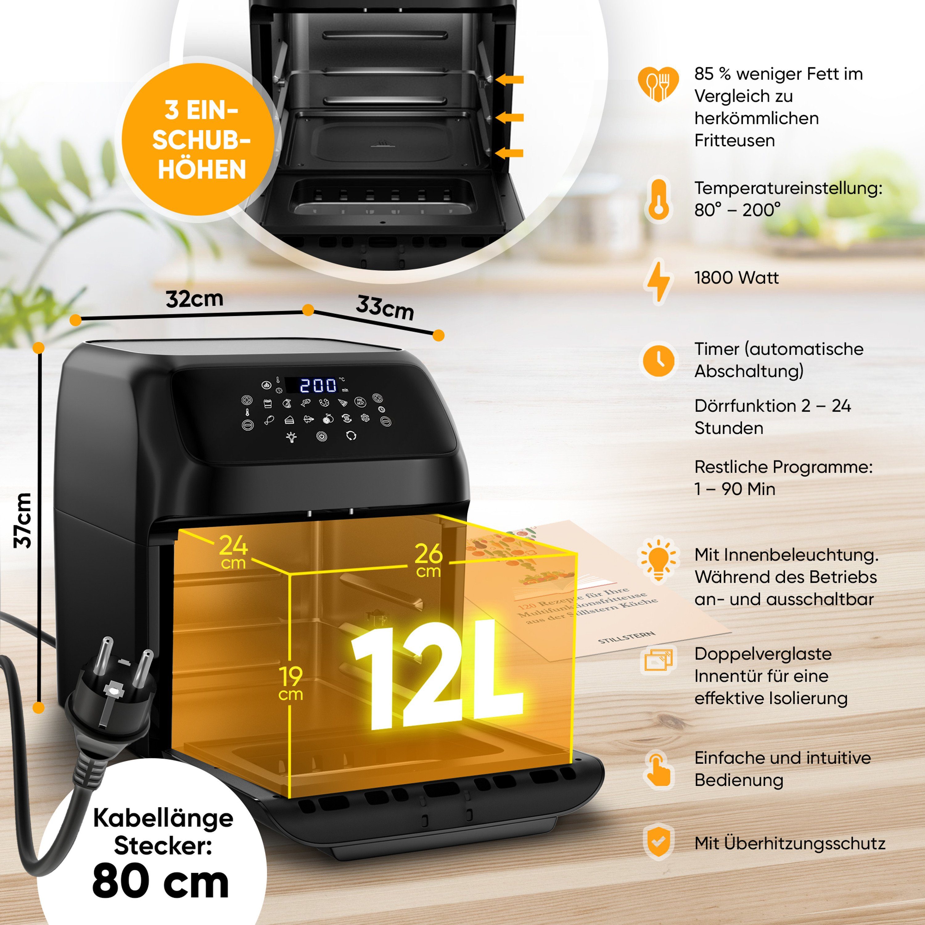 Stillstern Heißluftfritteuse MULTI-FryHD Touch 10.1, 4-in-1 (Frittieren, Backen, Dörren & Grillen), 12L mit 12 Kochprogramme, Vorheizen & Warmhalten