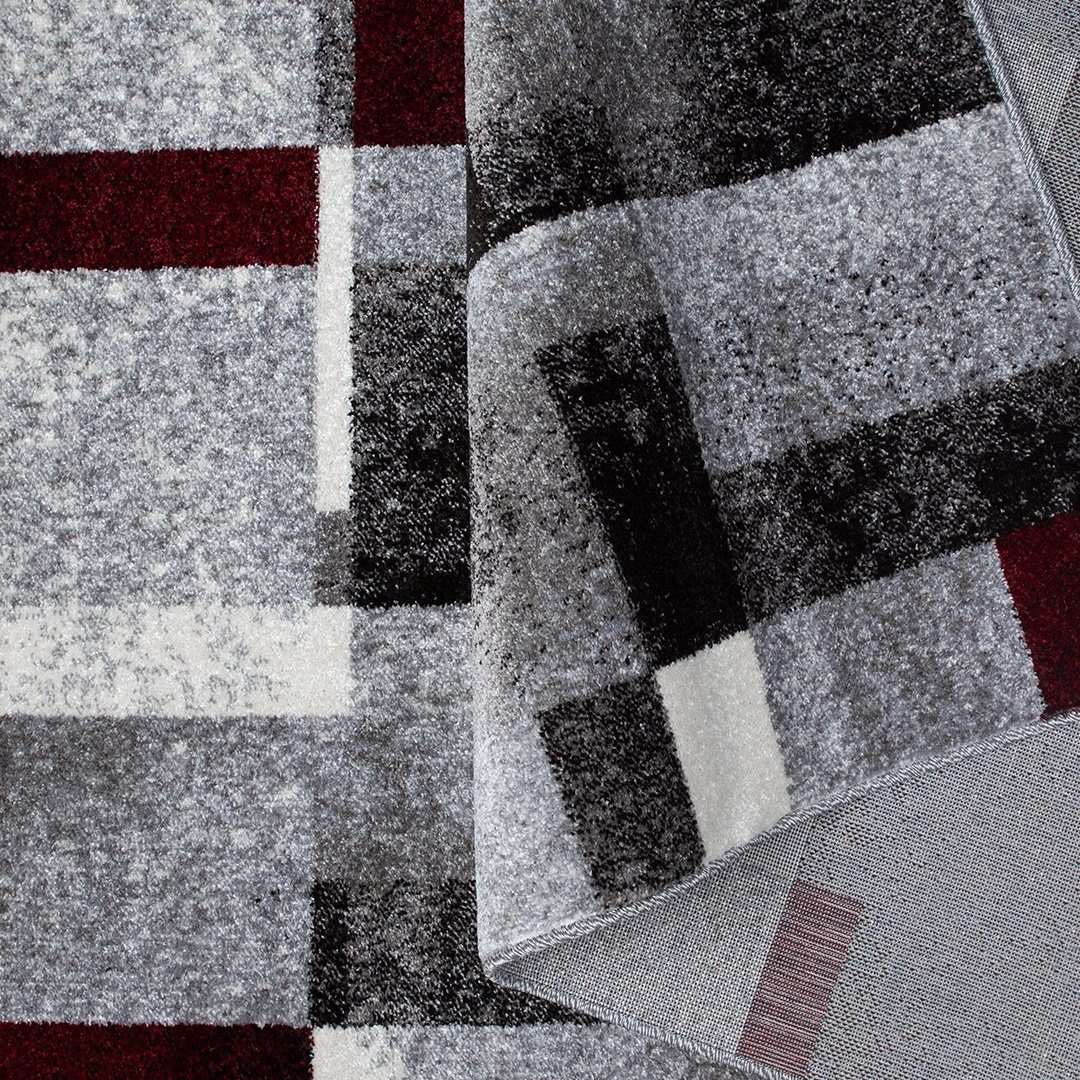 Teppich PHOENIX, oKu-Tex, Kurzflorteppich, Wohnzimmer, rechteckig, geometrisches Muster, Rechtecke, Grau Rot meliert, besonders weicher Kurzflor, Gesamthöhe: 1 cm, pflegeleicht