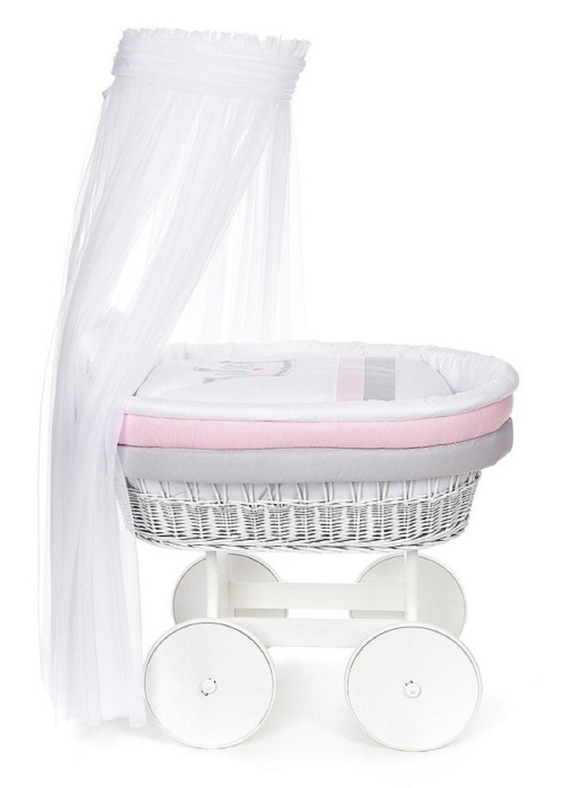 Babybettwäsche Baby Stubenwagengarnitur 7-tlg. KRONE rosa/blau/grau OHNE BETT, Babyhafen, mit Matratze