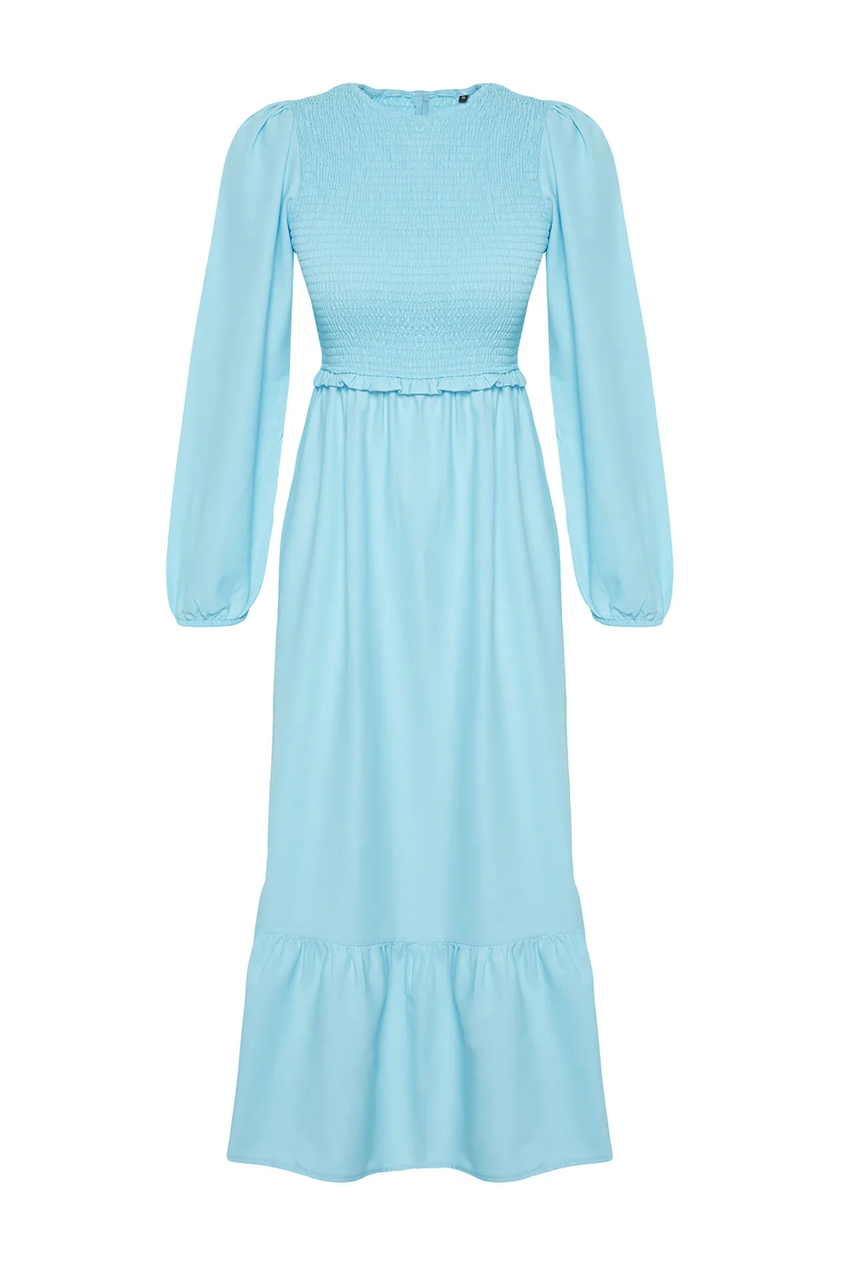 Trendyol Modest  Türkisfarbenes, gewebtes Kleid mit Rundhalsausschnitt und Gipe-Detail TCTAW22EB0109
